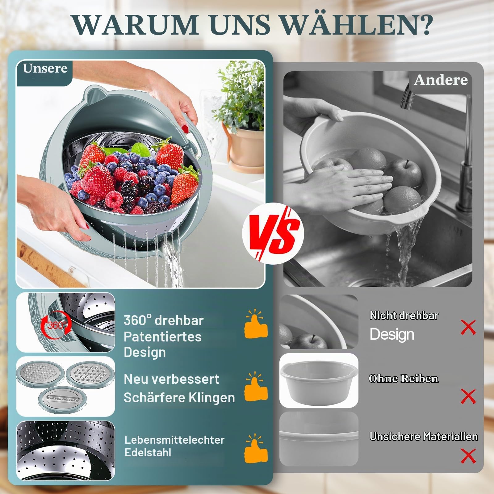 4-1 Sieb mit Rührschüssel-Set – Siebe für die Küche, Lebensmittelsiebe und Siebe, Nudelsieb, Reissieb, Obstreiniger, Gemüsewäsche, Salatschleuder, Wohnungs- und Haushaltsutensilien – Blau 02