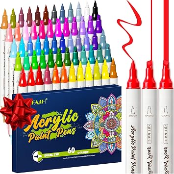 SFAIH Acrylic Paint Markers - [60 Colors Dual Tip Brush + Chisel] Paint Pens for DIY Crafts, Paper Rock Fabric Wood Glass Any Surface, Automatic Ink Control, No Bleeding