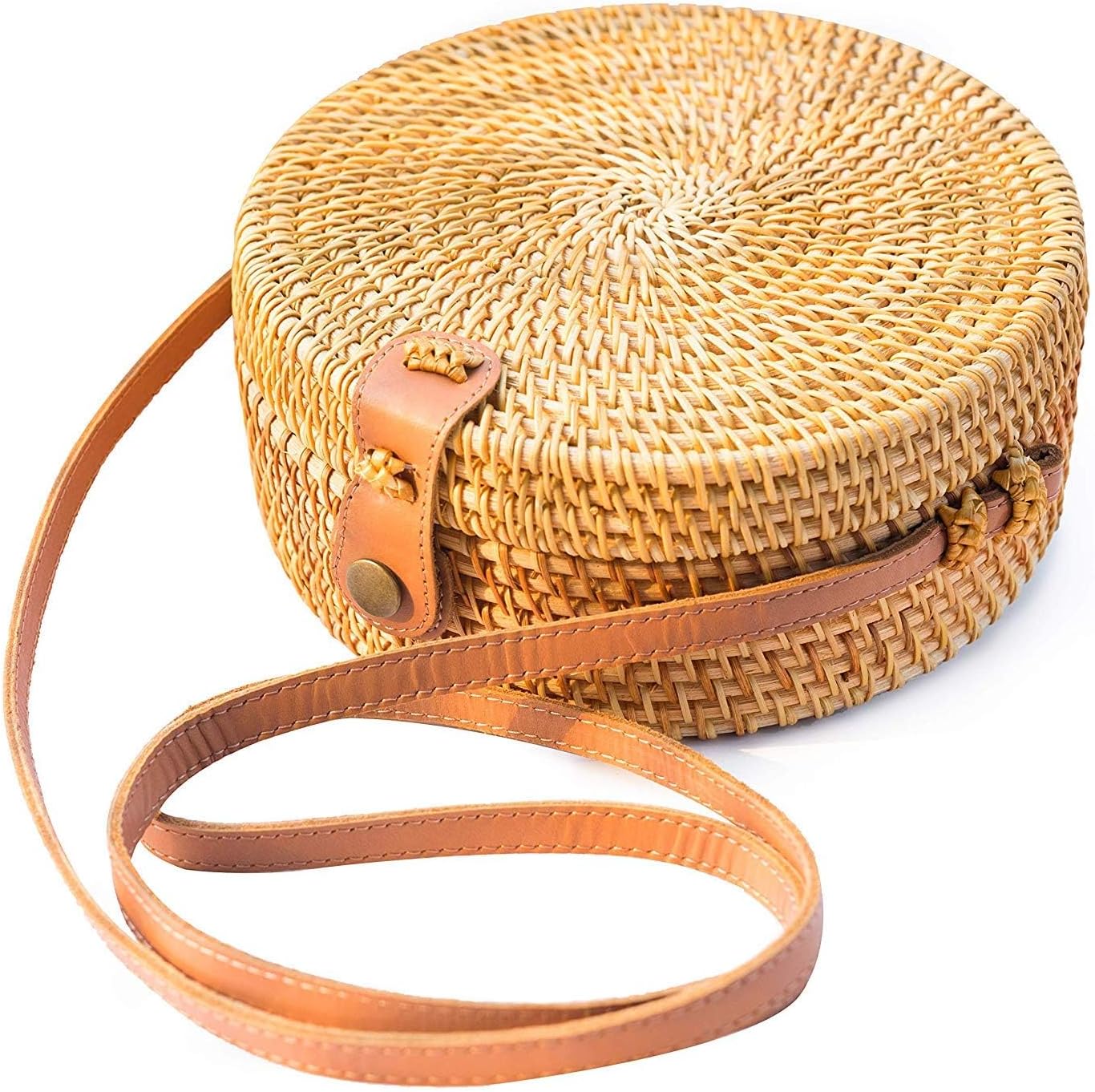 Boho Rattan Crossbody Bag, Handwoven Round Rattan Bag Purse for Women, Tote Basket Circle Boho Bag for Travel Summer Picnic