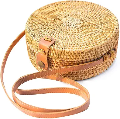 Boho Rattan Crossbody Bag, Handwoven Round Rattan Purse for Women, Summer Picnic Tote