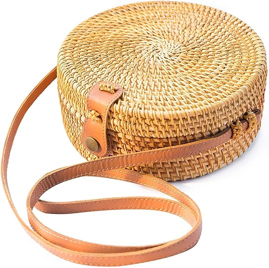 Handwoven Round Rattan Bag Purse for Women, Tote Basket Circle Boho Bag Bali