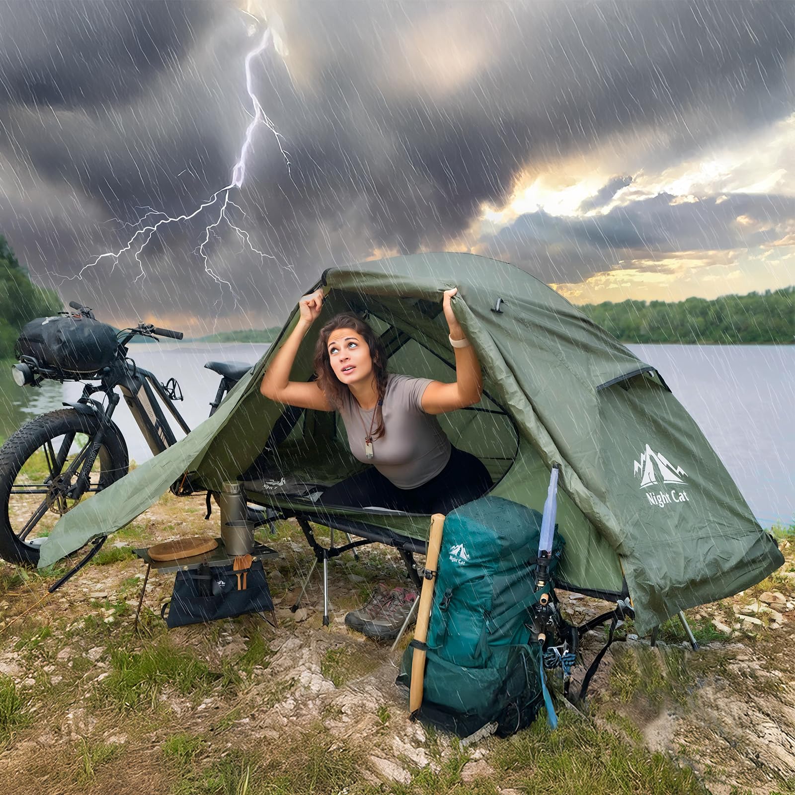 Night Cat Klappbett mit Zelt für 1 Person：Kompaktes Tragbares Outdoor Reisebett für Schnellen Aufbau und Camping Abenteuer