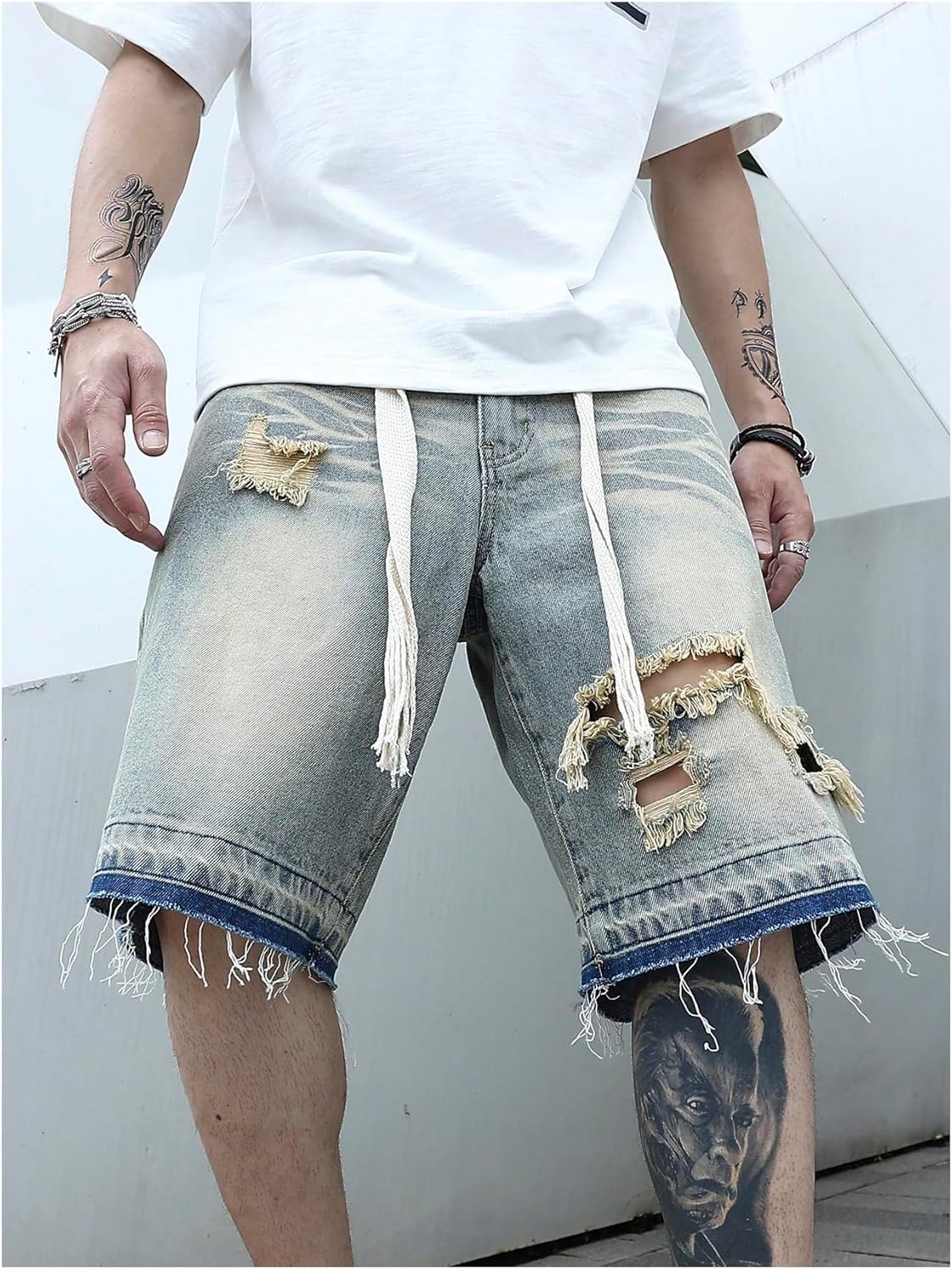 WDIRARA Men's Ripped Distressed Denim Shorts Frayed Hem Wide Leg Jeans Shorts Streetwear - Image 3