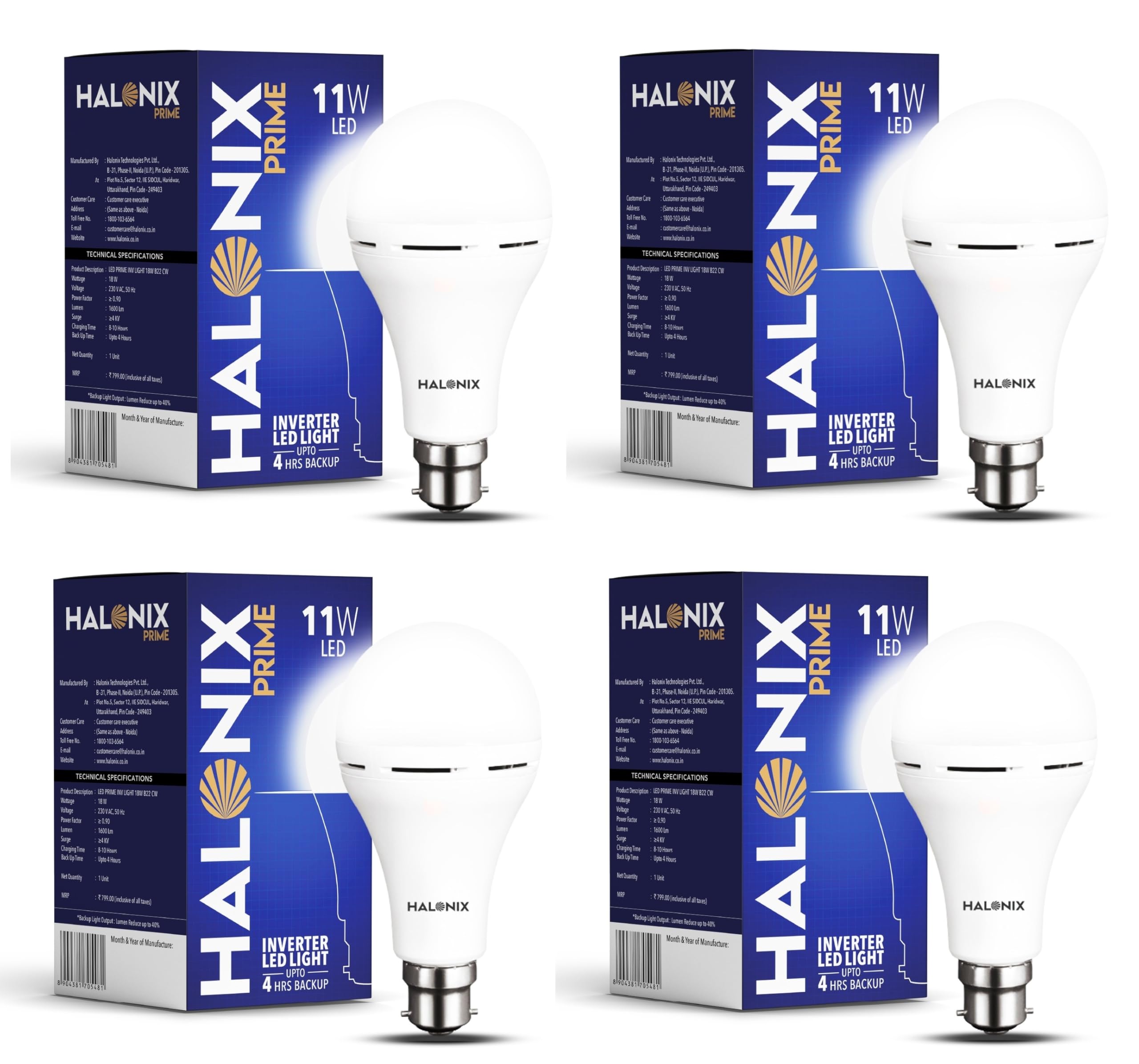 Halonix 11W Emergency Inverter Bulb | Rechargeable Emergency Led Bulb for Power Cuts | Backup : Upto 4hrs | Cool Day Light | Pack of 4 | Rechargeable Emergency light |