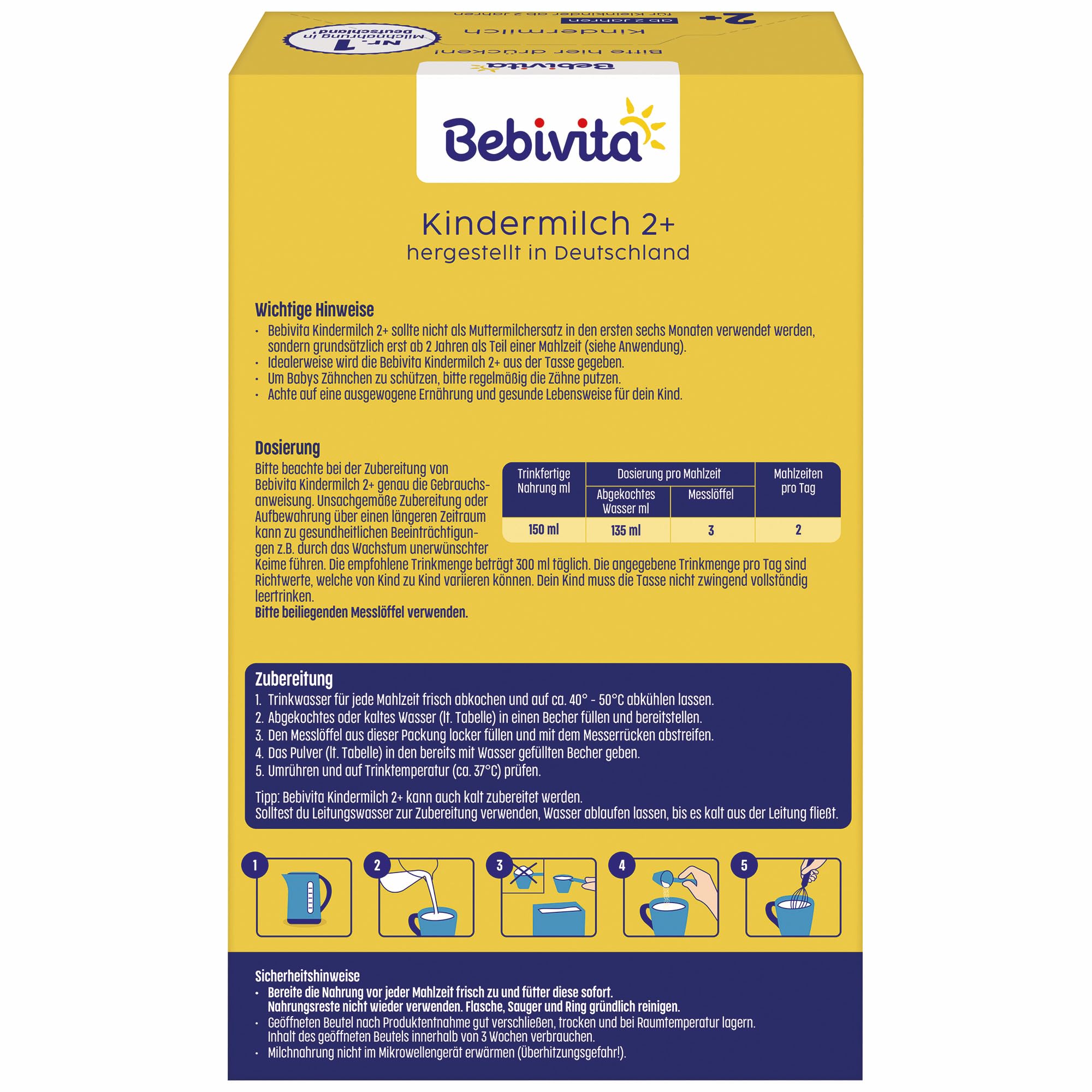 Bebivita Kindermilch 2+ (5 x 500g), Milchnahrung für Kinder ab 2 Jahren, mit Calcium, Vitamin C, D und Eisen für die geistige Entwicklung