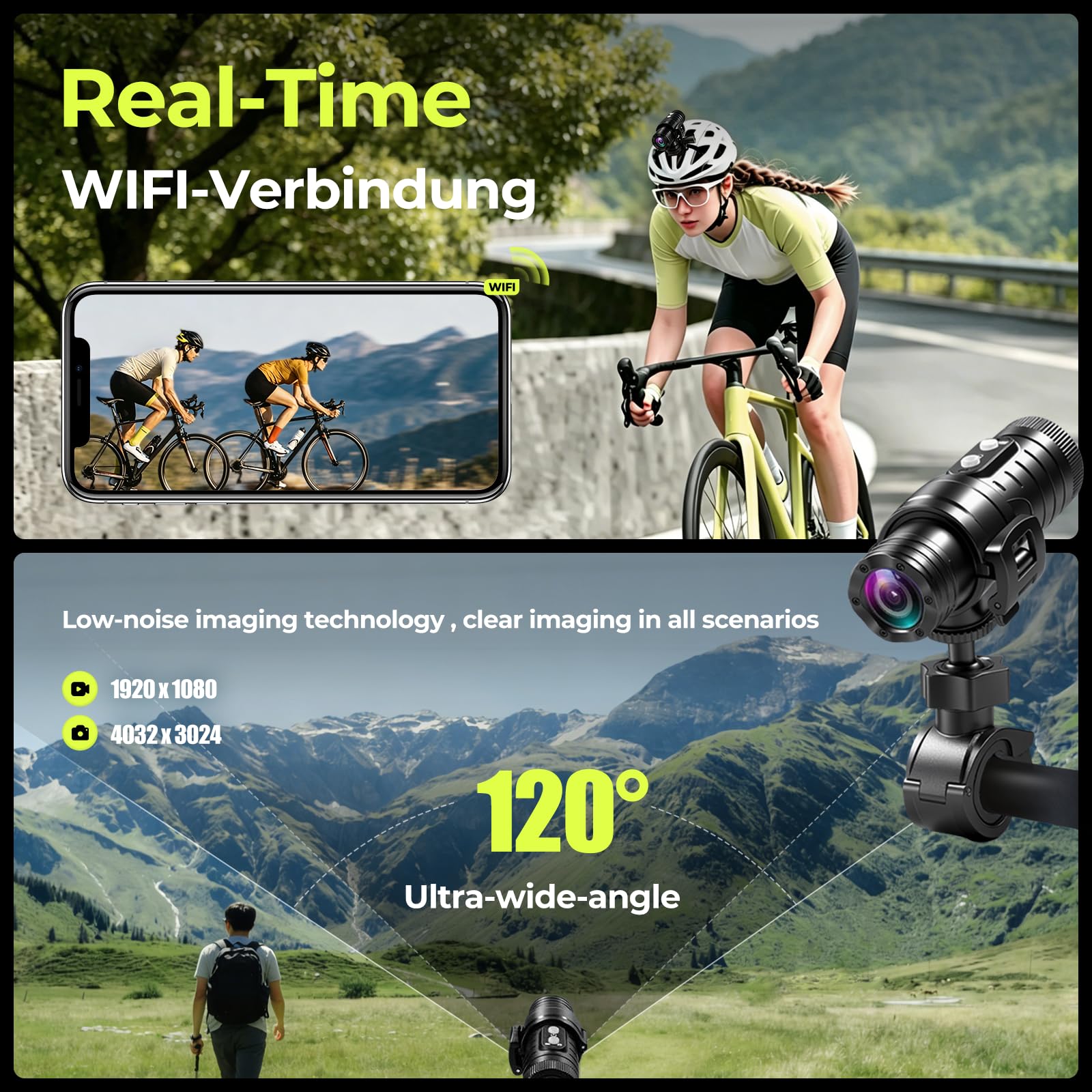 AIKER Dash Cam Moto,Versione Aggiornata Wifi Telecamera Moto 1080phd&Angolo Ampio Di 120°/Ip66 Impermeabile/Lunga autonomia/Regolazione Orizzontale In Tempo Reale Action Cam,Collegamenti Intelligenti