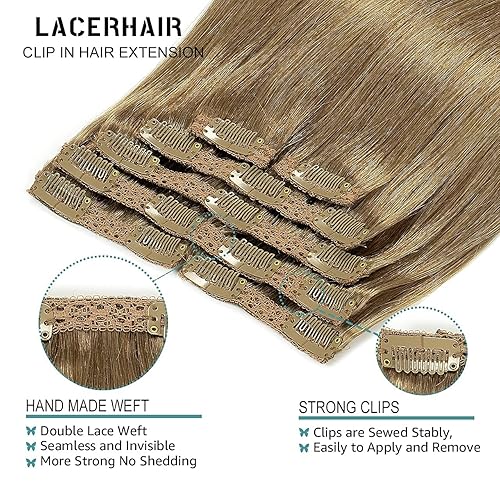 Vista 254 de Lacer Extensiones de cabello humano con clip, de doble trama, cabello brasileño de cabeza completa, color negro azabache, extensiones de cabello