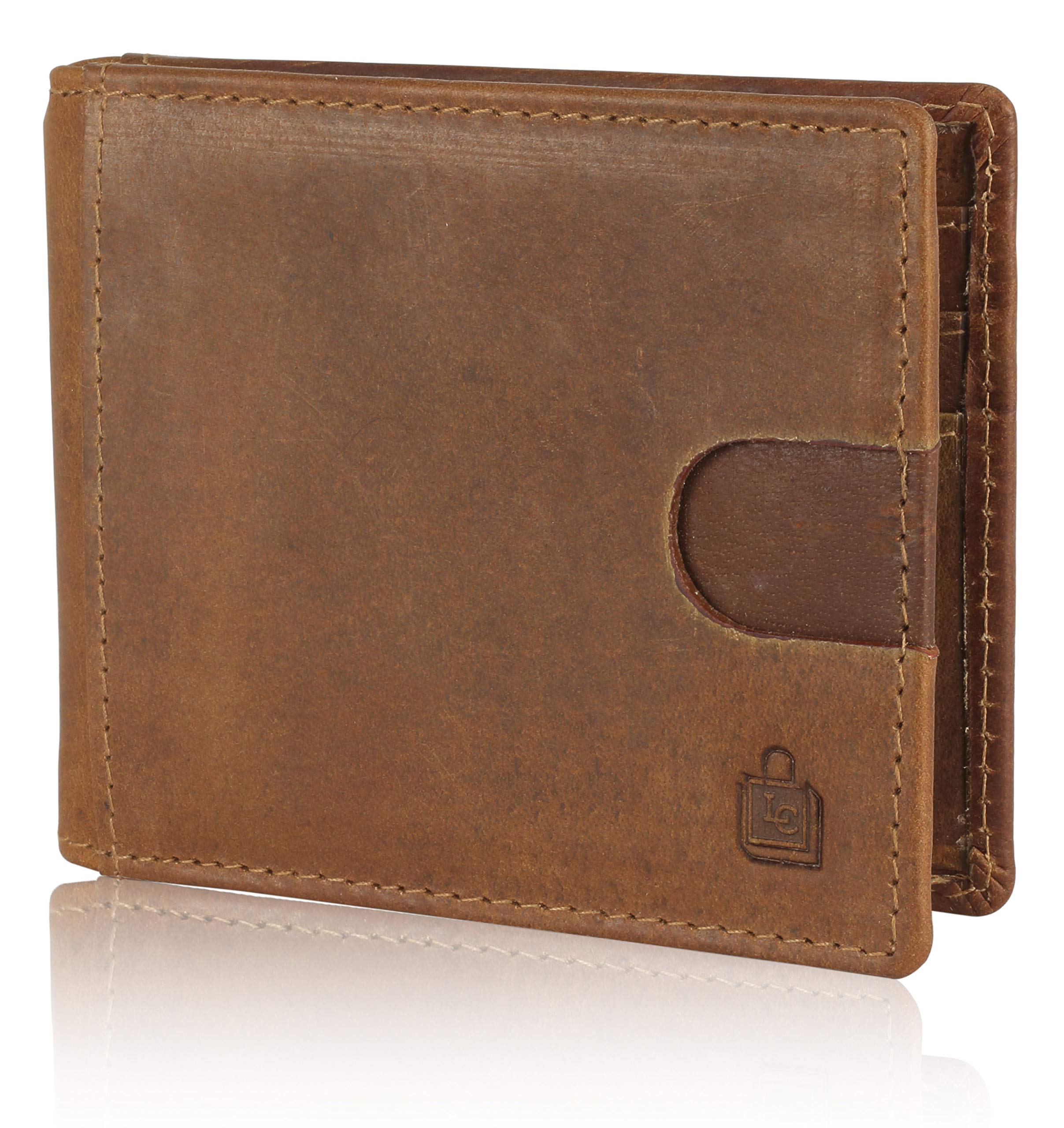 Le Craf Cognac RFID Blocking Cognac Front Pocket Slim Mens Genuine Leather Money Clip Wallet