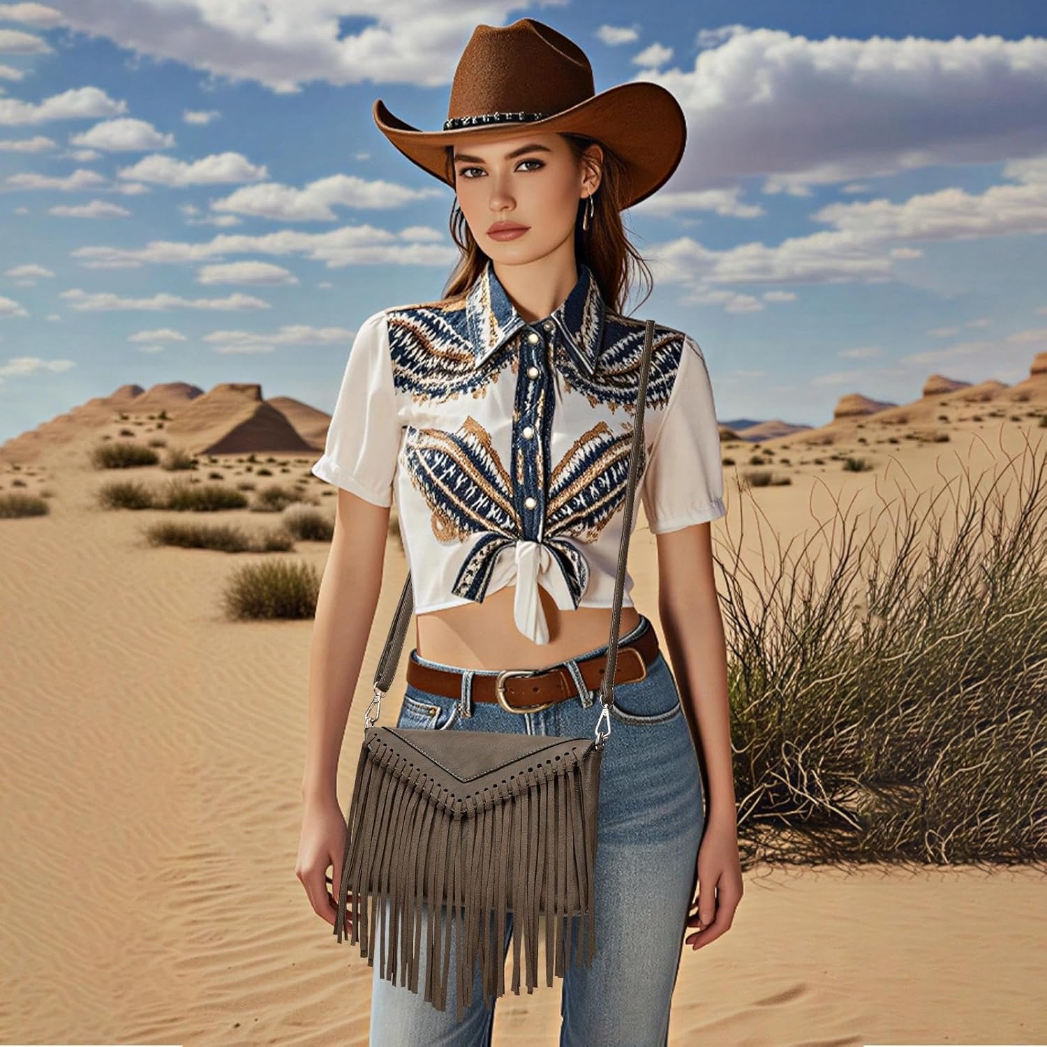 KouLi Buir Tassel Crossbody Purse for Women PU Leather Western Hobo Fringe Handbag Shoulder Bag - Image 2