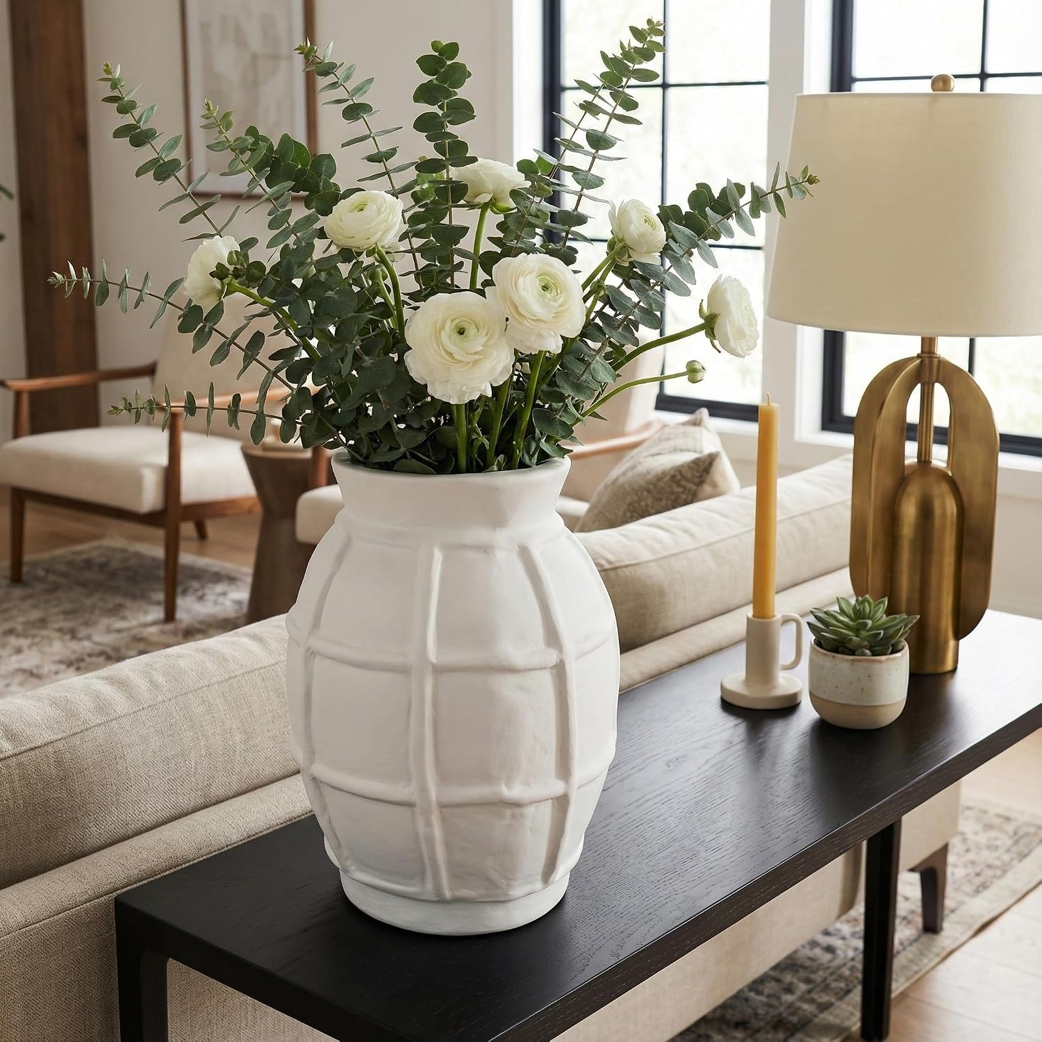 Sculptural Grid- Texture Paper Mache Vase for Living Room and Home Decor - Minimalist Flower Vase for Bedroom and Kitchen Display - Rounded Accent Display for House Office Styling - 14", White