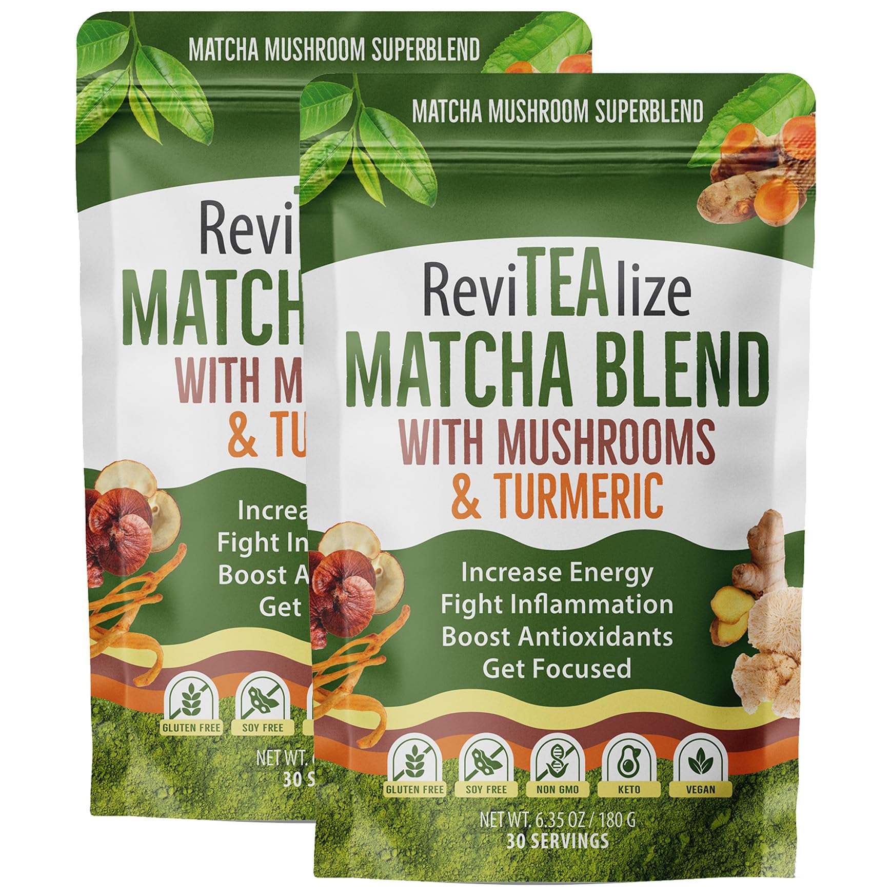 ReviTEAlize Organic Matcha Mushroom Powder - Organic Ceremonial Grade - Coffee Alternative - Latte 60 Servings