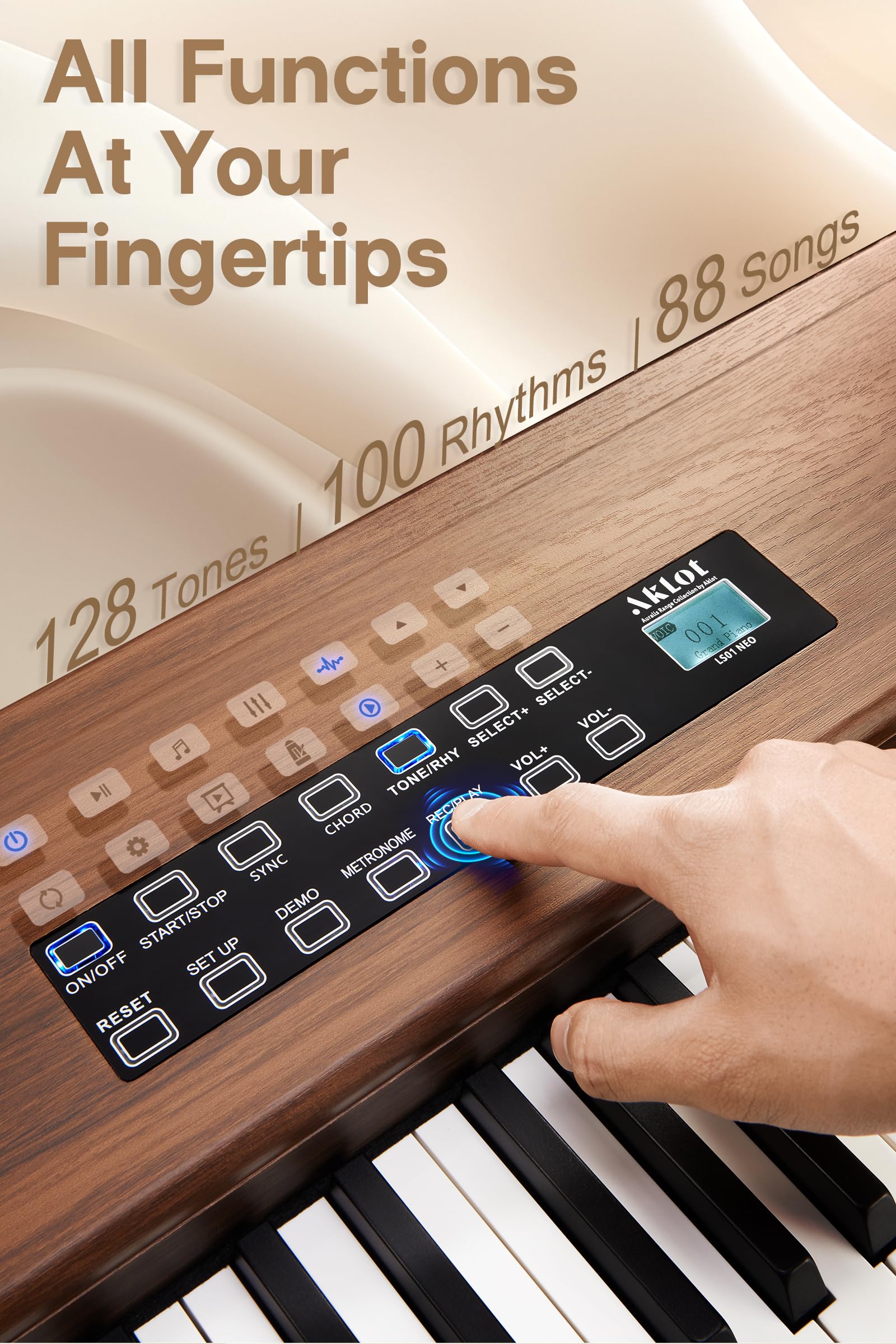 AKLOT Touchscreen Weighted Keyboard Piano: 88-Key Graded Hammer Action Digital Piano, Handcrafted Round-Edged Design, Triple Pedal, Stand, USB-MIDI, Headphone, Beginner Lesson Book (AUR-LS01 Walnut)