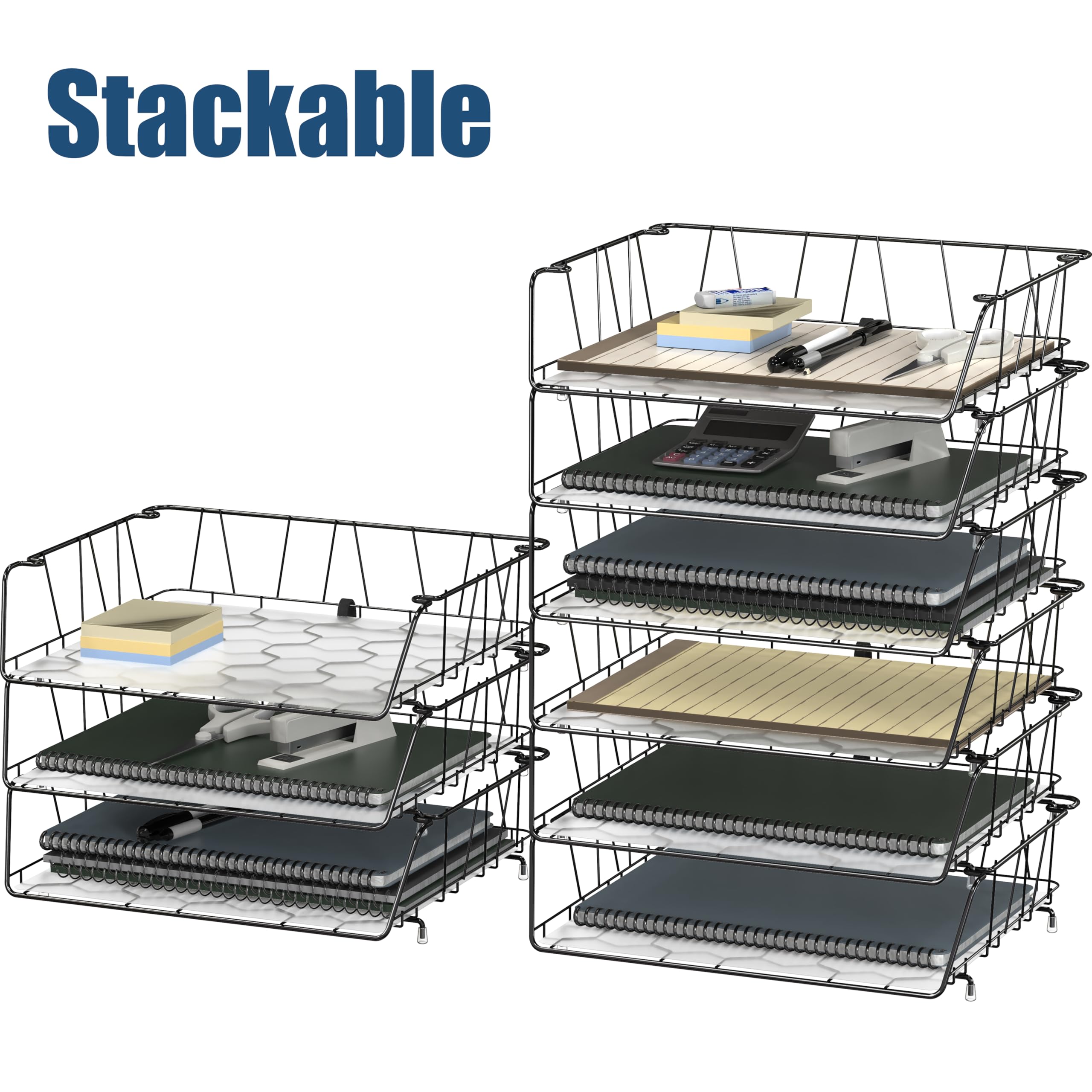 SimpleHouseware Stapelbare Briefablage mit breitem Eingang, mit Auskleidung, Drahtgitter, 3 Packungen, Schwarz