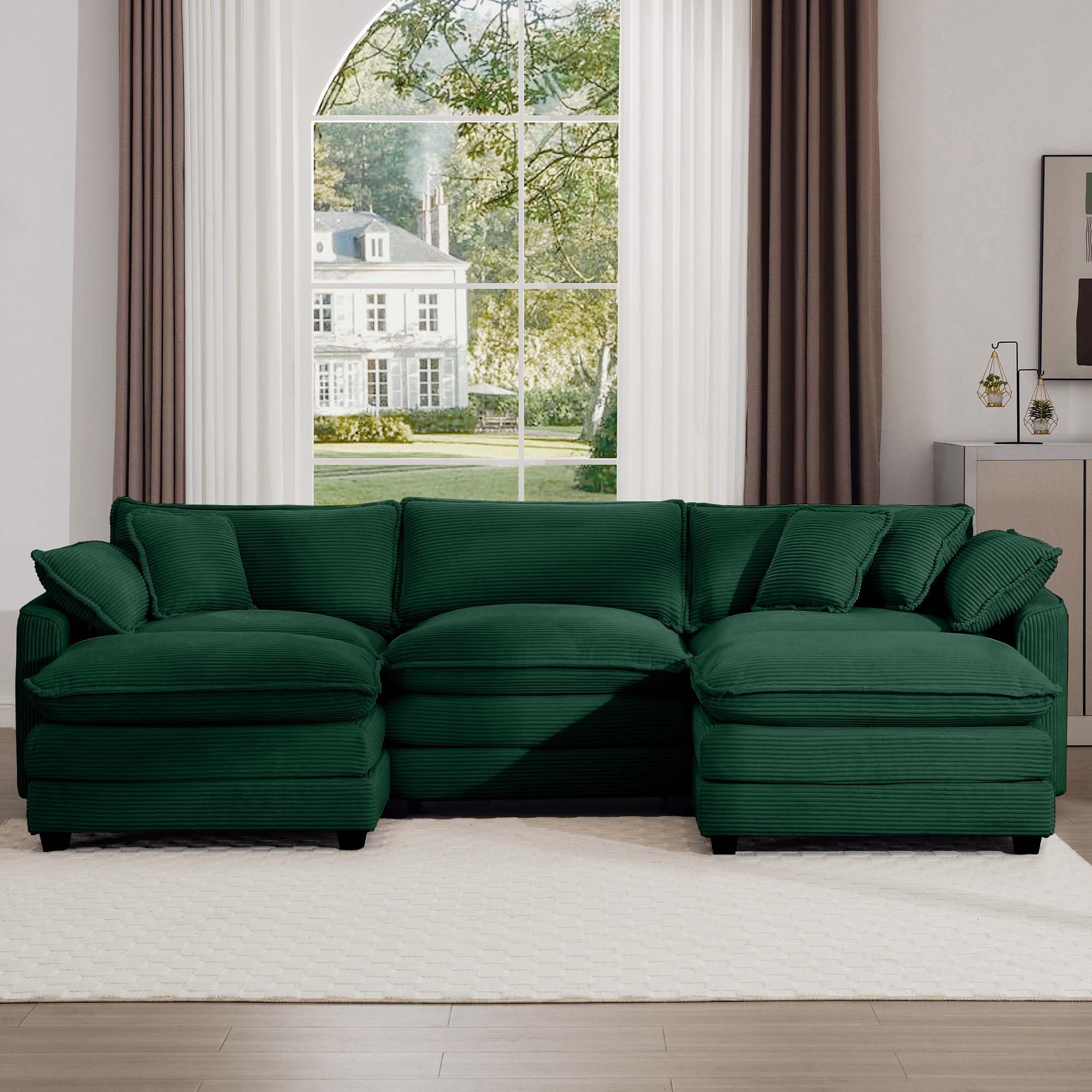 View 1 of ***OTTOMAN ONLY*** KEIKI 115" U-Shaped Oversized Corduroy Modular Sectional Sofa with 2 Ottoman, High-Density Foam Cushions, Removable Armrests, Upholstered 3-Seater Corner Couch with 5 Pillow, for Living Room, Green
