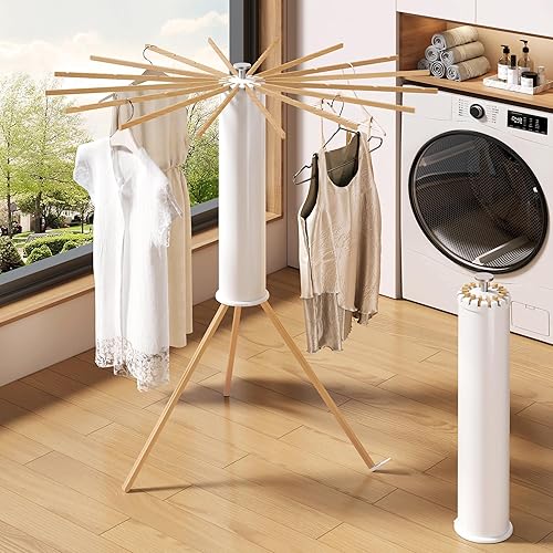 Miniatura 2 de Trípode plegable para secado de ropa, madera de haya y soporte de lavandería portátil, colgador plegable que ahorra espacio con 16 brazos para