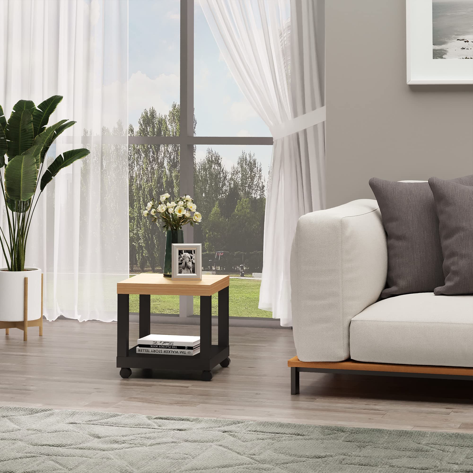 HOMCOM Table d'Appoint Roulante, Table Basse Moderne avec Étagère Ouverte, pour Salon, Chambre ou Bureau, 40 x 40 x 40 cm, Bois Naturel & Noir