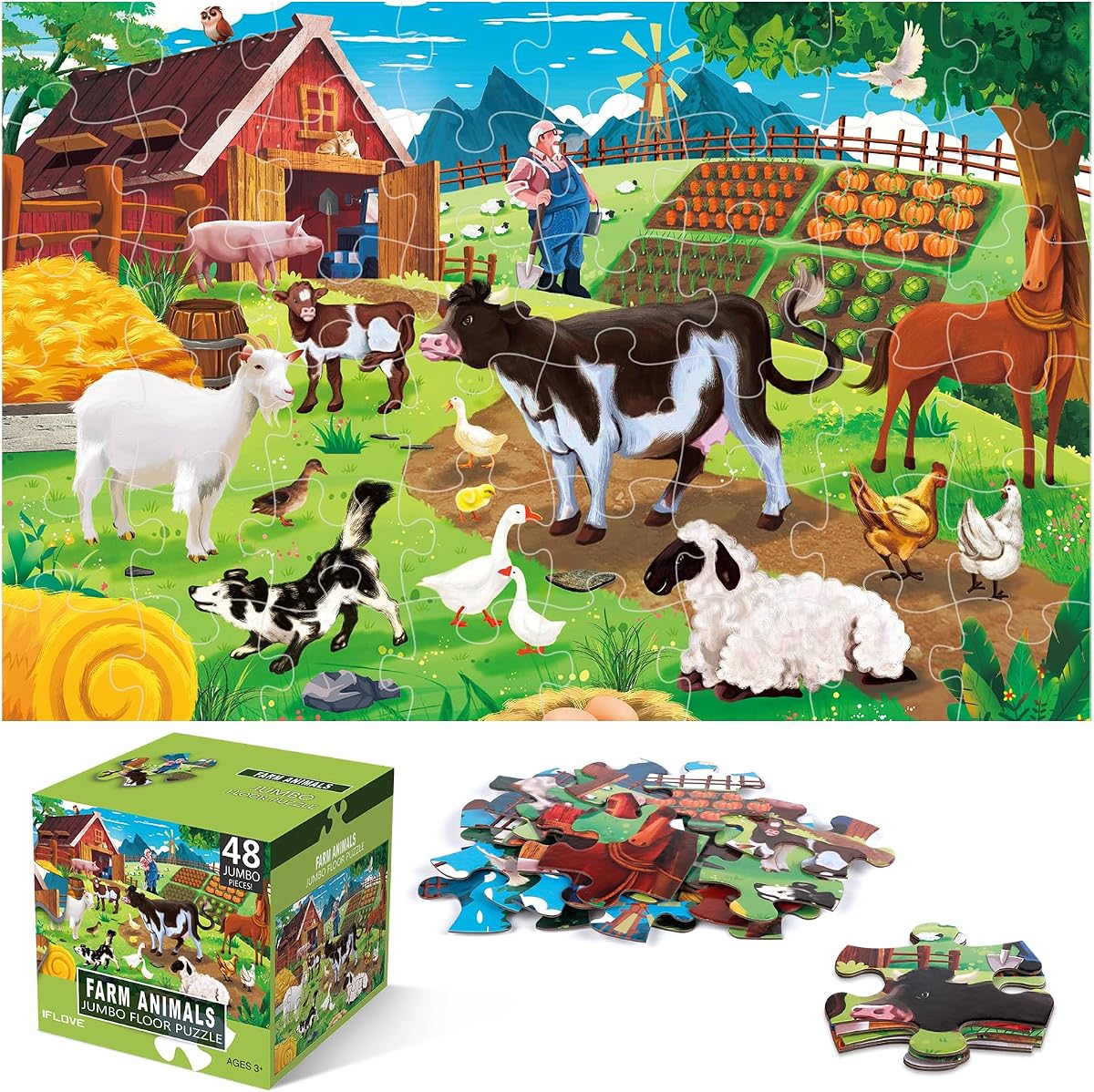 Jumbo Floor Puzzle for Kids,48 Piece Farm Animal Jigsaw Puzzle Ages 3-8 | Barn Puzzle,Extra-thick Cardboard,Preschool Learning Toy,35x24 in Completed,Children Educational Gift for Boys and Girls