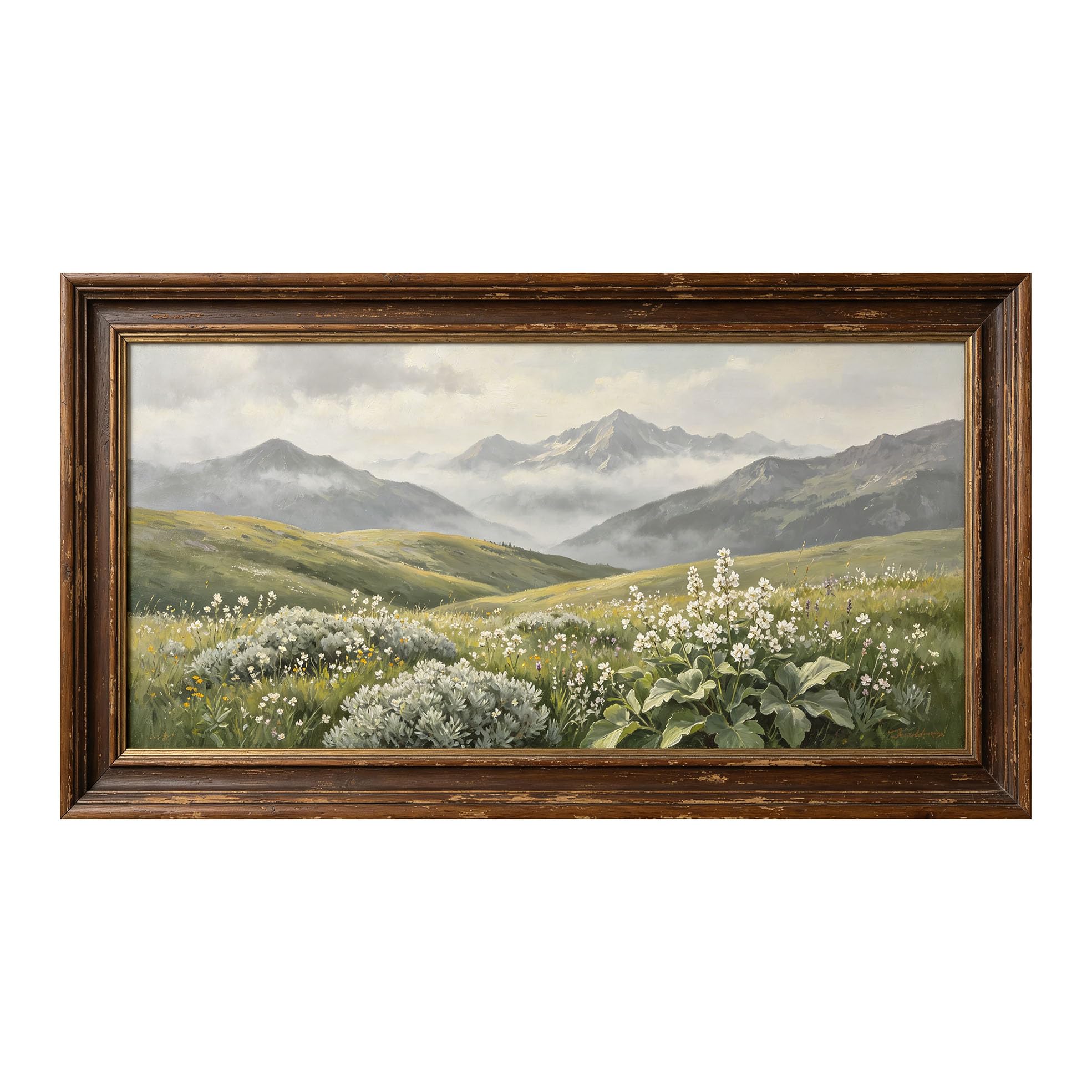 Yzpallescene 3D Framed Wall Art 50cm×100cm Alpine Mountain Meadow Floral Oil Painting Large Size SelfAdhesive Removable Wall Decor Prints Artwork for Living Room Bedroom Office