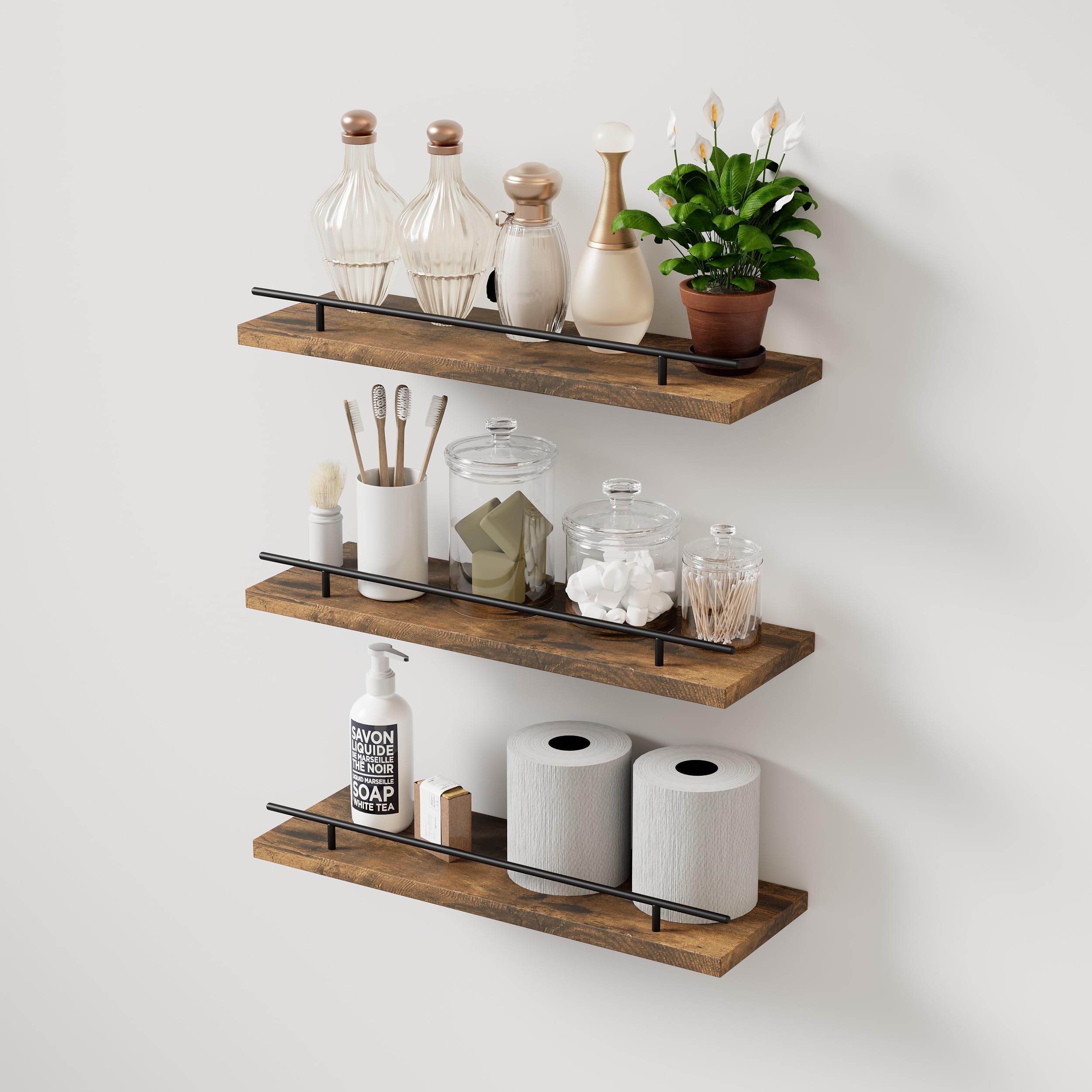 SenjieFloating Shelves for Wall，Bathroom Shelf Set of 3，Wall Shelves for Bedroom，Kitchen，Living Room，Invisible Brackets，Dark Brown and Black
