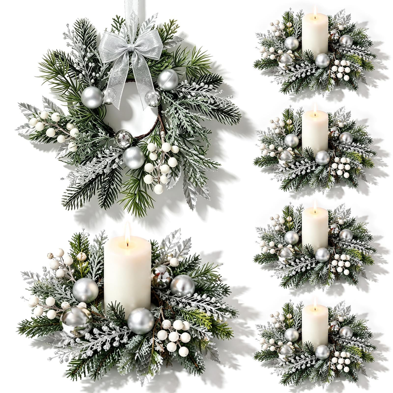 6 PCS Christmas Pine Candle Rings Wreaths Mini Silver Candle Holder Rings