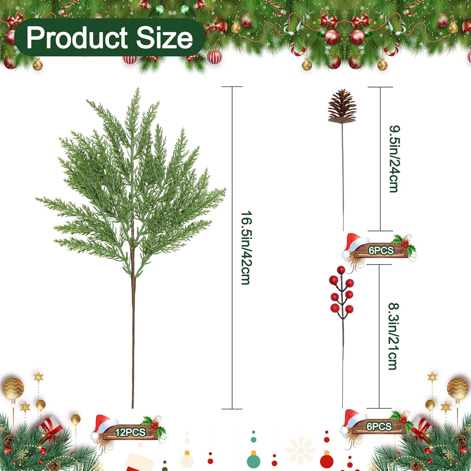 24Pcs Real Touch Norfolk Pine Stems 18" Artificial Realistic Christmas Greenery Pine Branches with Faux Pinecones Red Berries for Vase DIY Crafts Garland Wreath Xmas Indoor Outdoor Home Decor