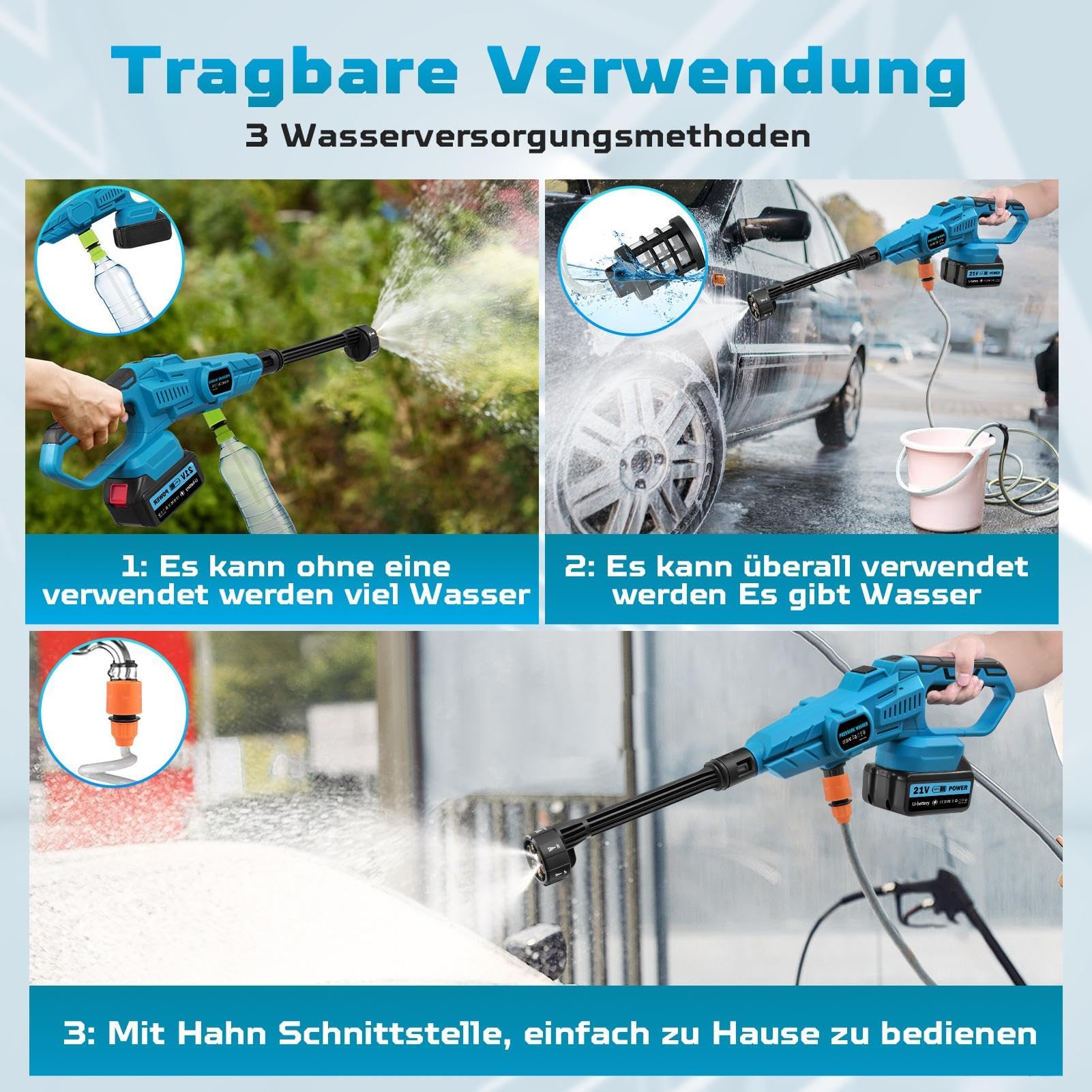 Nettoyeur Haute Pression sans Fil, 120bar 21V 3.0Ah Nettoyeur Haute Pression sur Batterie avec 6 en 1 Buse, 5M Nettoyeur Haute Pression Portable pour Jardin, Voiture, Terrasse, Fenêtre
