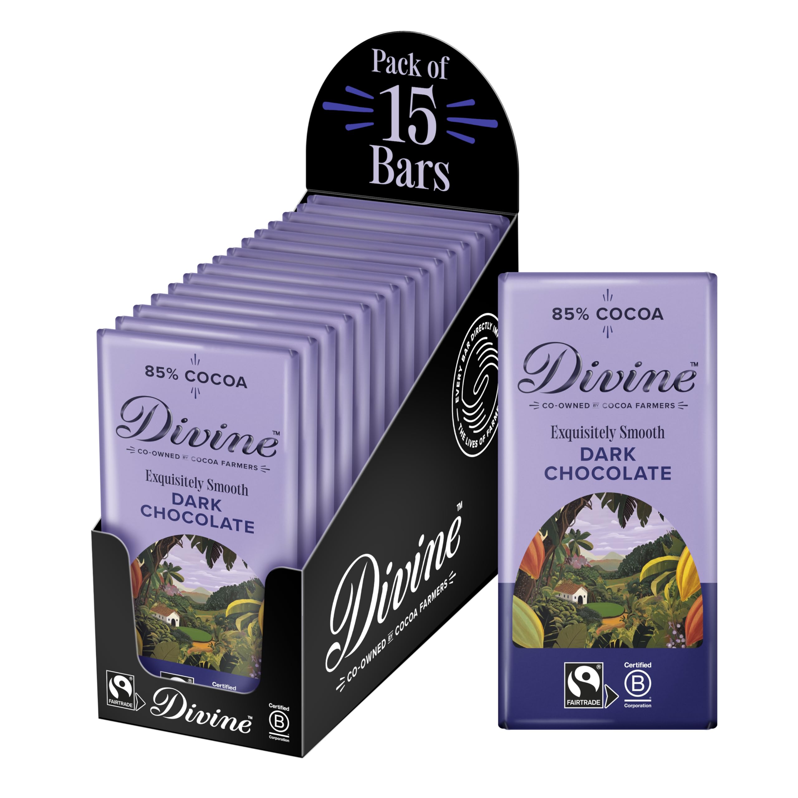 Divine 85% Cocoa Dark Chocolate 15 x 90g Bars – Fairtrade Dark Chocolate – Smooth Rich Flavour – Ethical Premium Chocolate