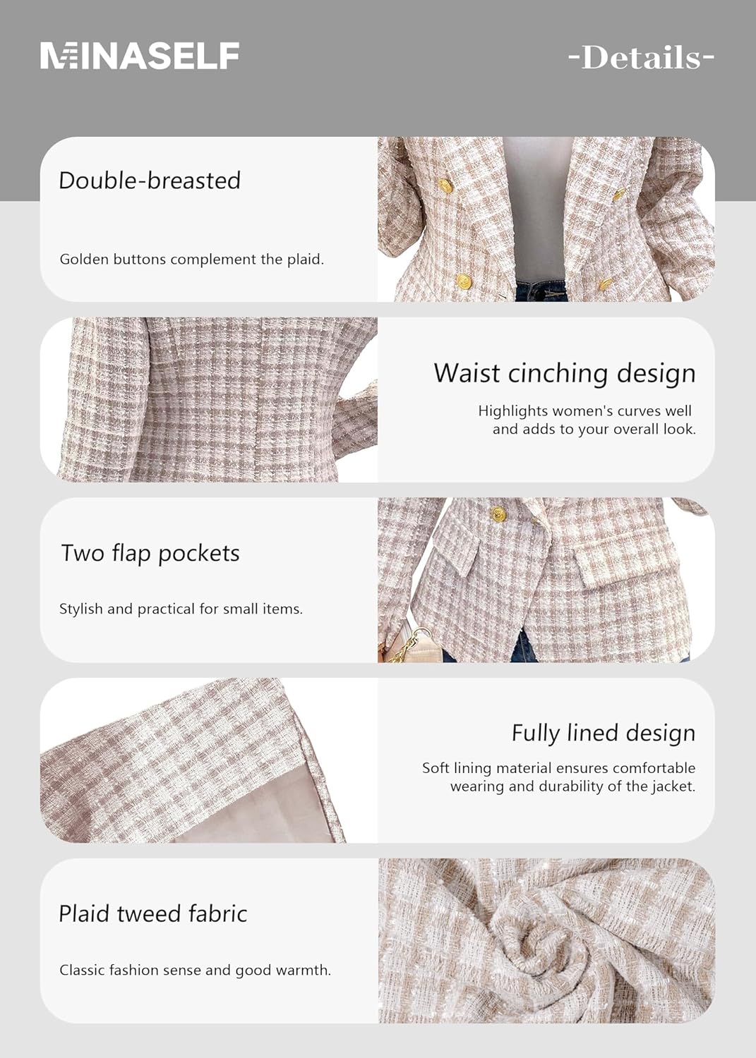 Mina Self 2026 Spring Women's Tweed Plaid Blazer Jacket - Double-Breasted Fully-Lined Slim Petite Cute Casual Work Pocket - Image 7