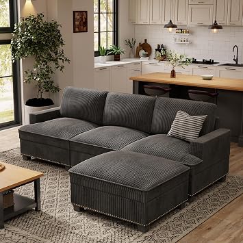 HAOMARKETS 93" Modular Sectional 3-Seat Sofa with Storage Movable Ottoman, Soft Corduroy Upholstered L-Shaped Couch with Nailhead Trim, Stable Legs for Living Room, Dark Grey