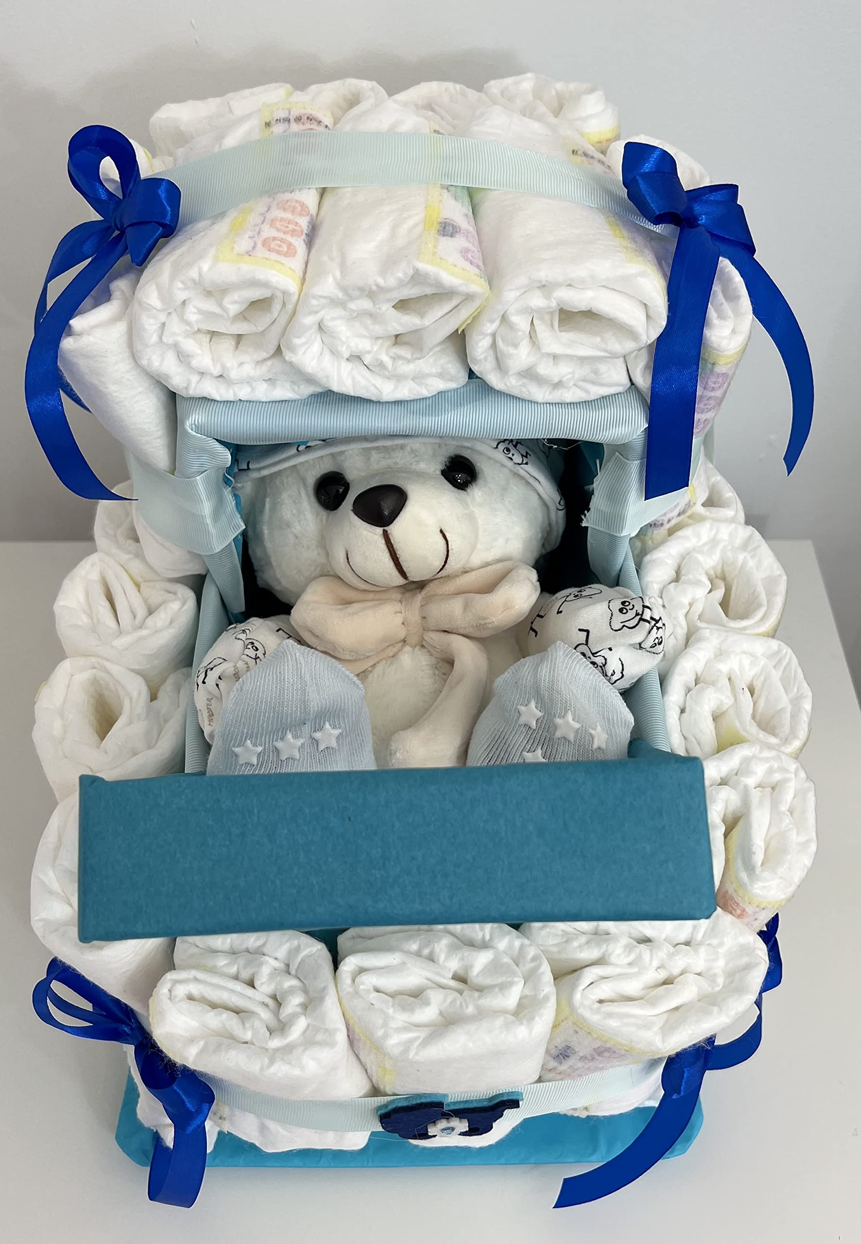 Tarta de Pañales Cochecito/Carrito,(48 und) con Osito. Regalo Original para recién nacidos (Rosa)