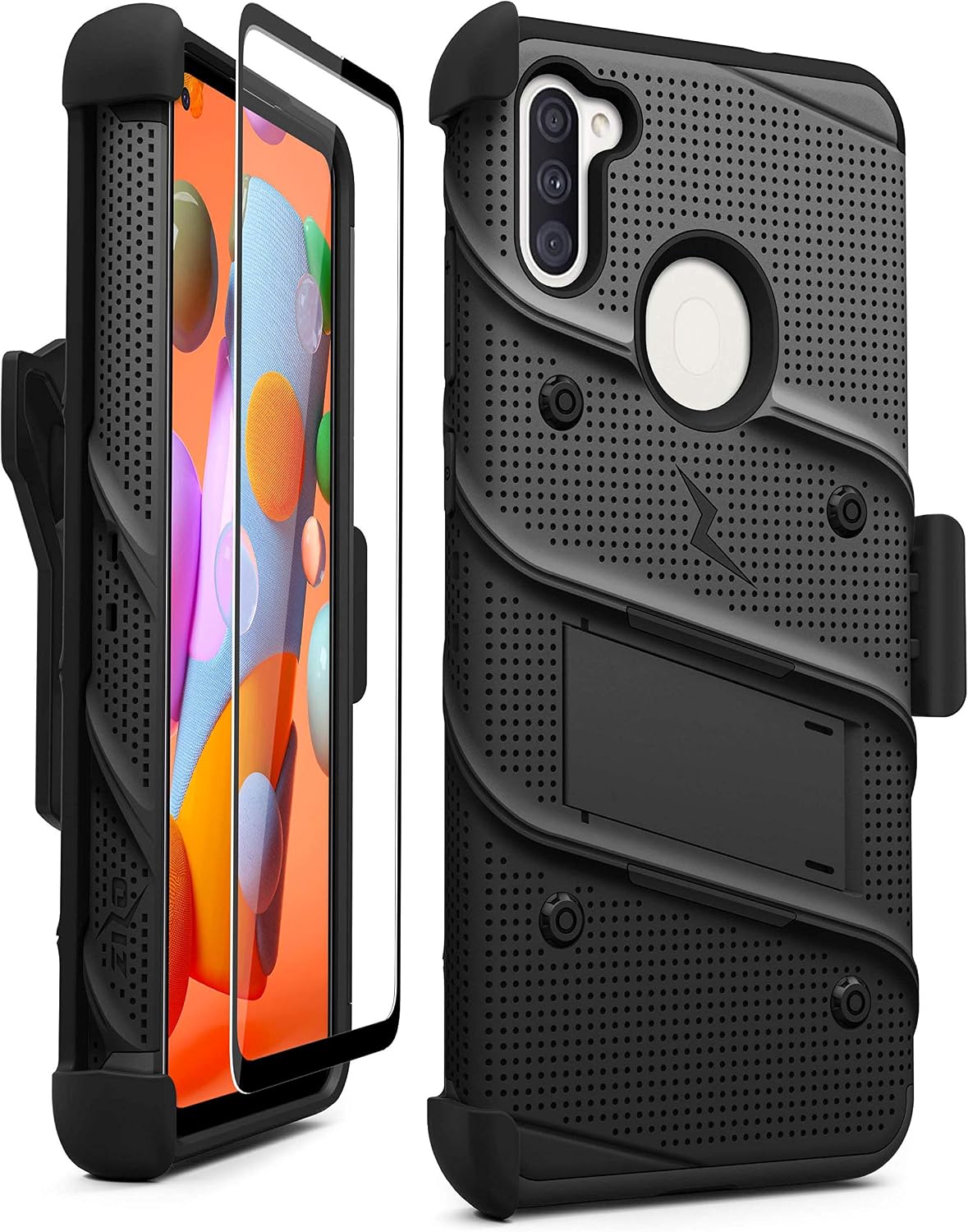 ZIZO Bolt Series Samsung Galaxy A11 Case with Screen Protector Kickstand Holster Lanyard - Black & Black