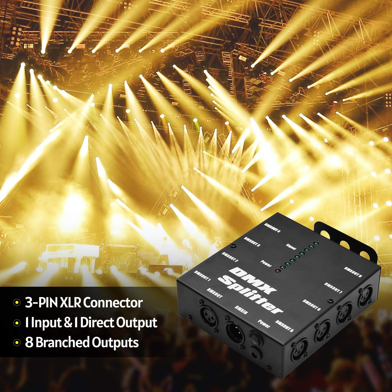 HUIOP Splitter DMX512 Amplificatore di segnale ottico Spliter Distributore 1 Ingresso e uscita diretti 8 Uscite indipendenti per controller luci Console da palco Festa DJ Club Disco KTV Luce