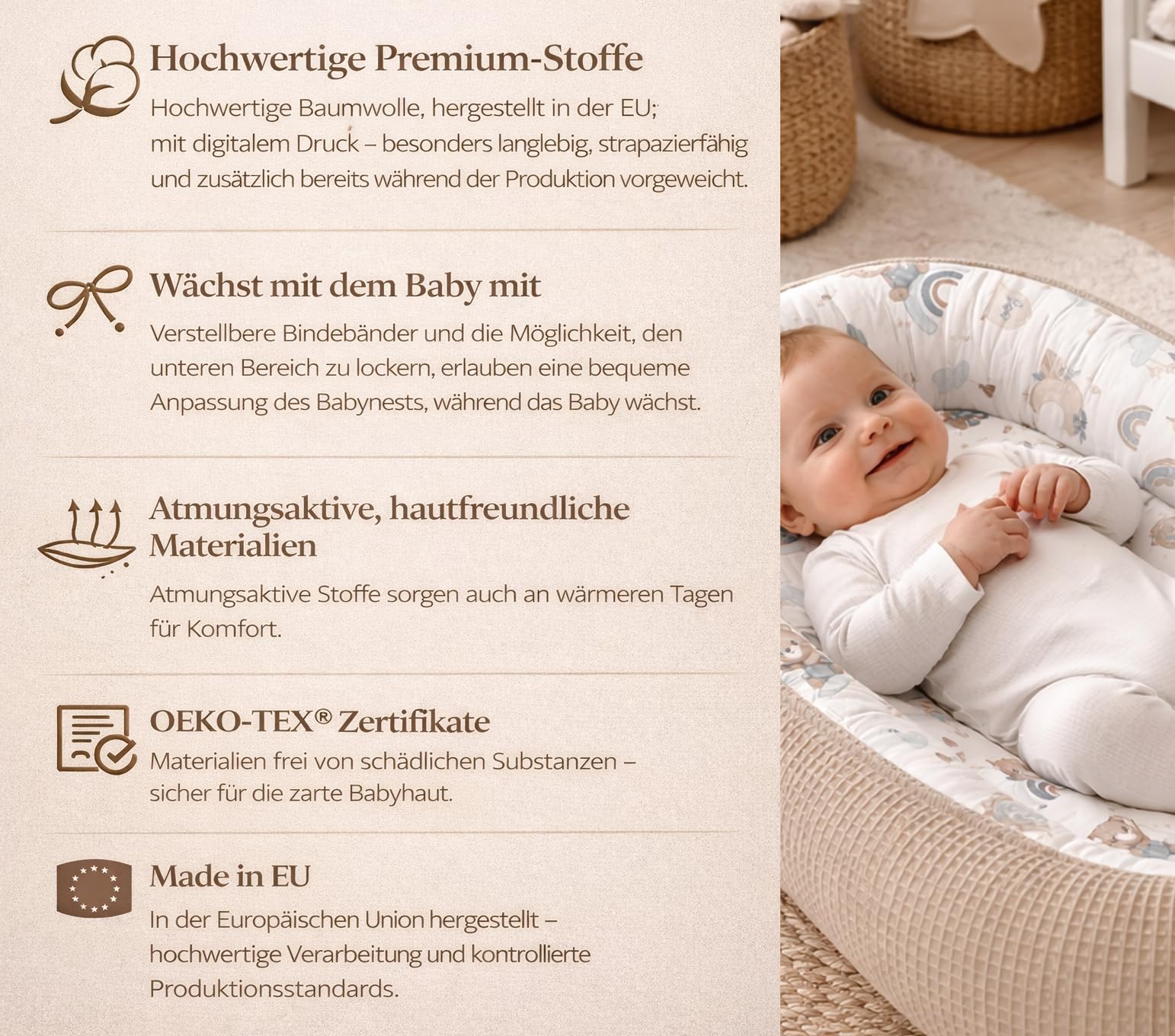 Babynestchen Neugeborene – Nestchen Baby aus Waffel Baumwolle & Baumwollstoff – Babynest für Babybett & Kinderbett – Baby Kokon Tragbar – OEKO-TEX – Zubehör für Babybett - Regenbögen und Braun