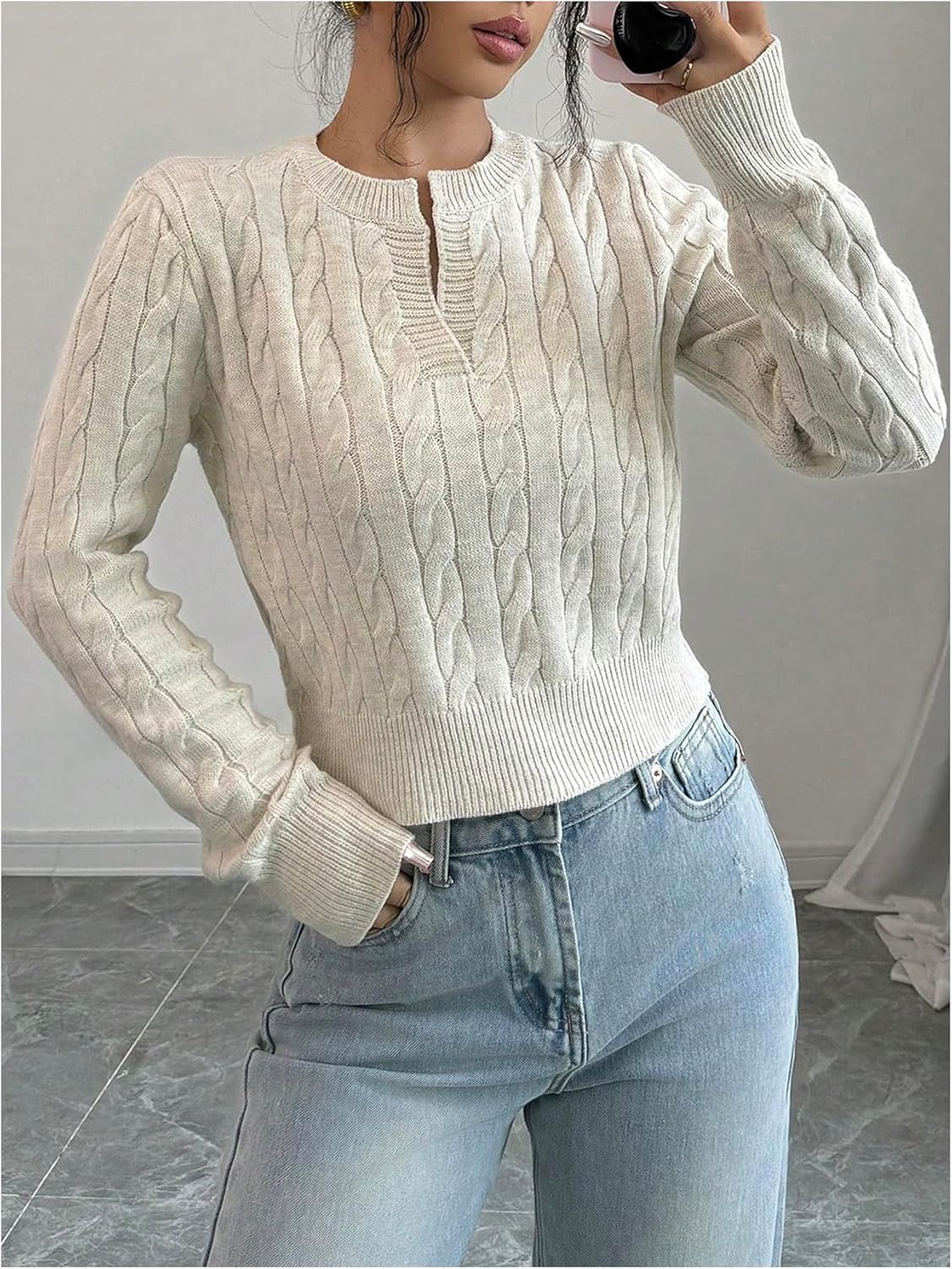 SOLY HUX Women's Long Sleeve Cropped Sweater Pullover Cable Knit Notched V Neck Fall Tops - Image 5