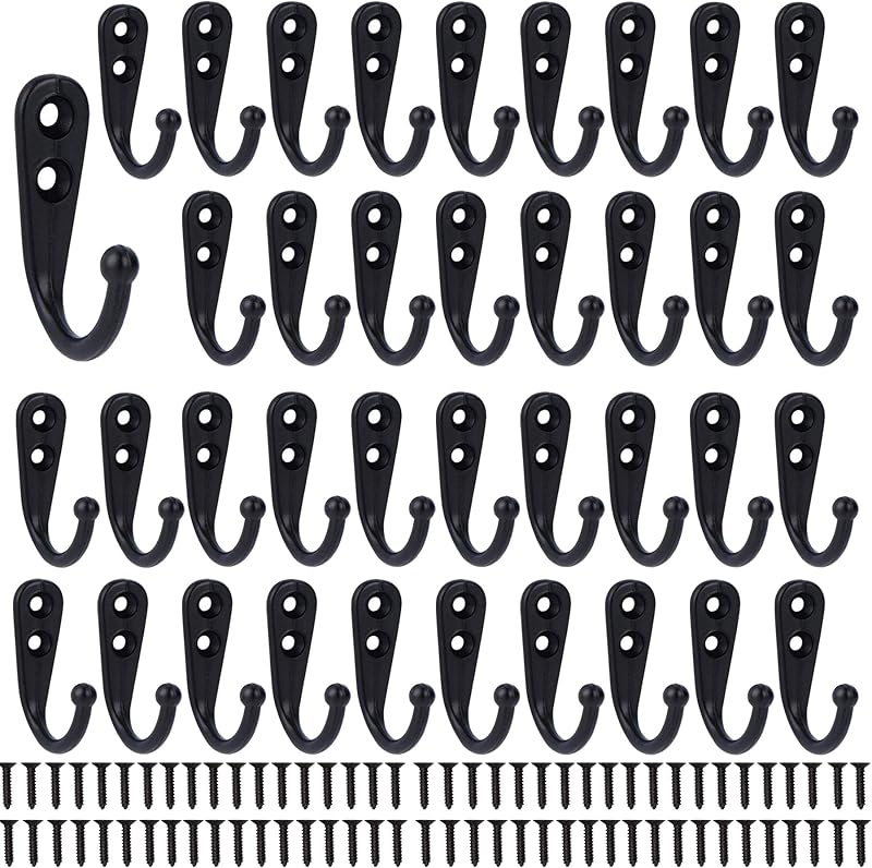 Hajoyful Ganchos para abrigos, paquete de 38 ganchos de granja con tornillos de metal, ganchos para abrigos rústicos decorativos negros, gancho para batas de una sola punta montado en la pared, organizador vintage, gancho de alambre para colgar, percha para ropa