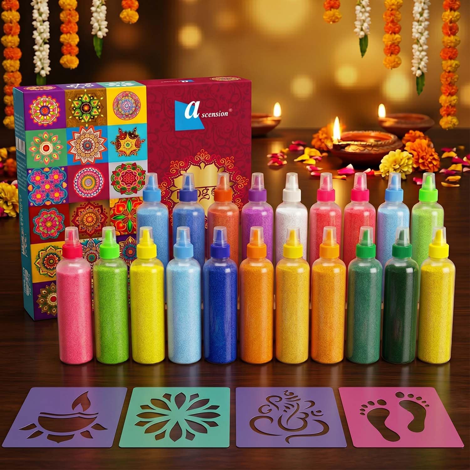 Ascension 20 Rangoli Colour Powder Tube Bottles and 4 Rangoli Stencils Kit Diwali Decoration Items Bottles Tool Floor Art Rang for Home Navratri Pongal Pooja Mandir Decor Colors Design Creativity DIY-image-4