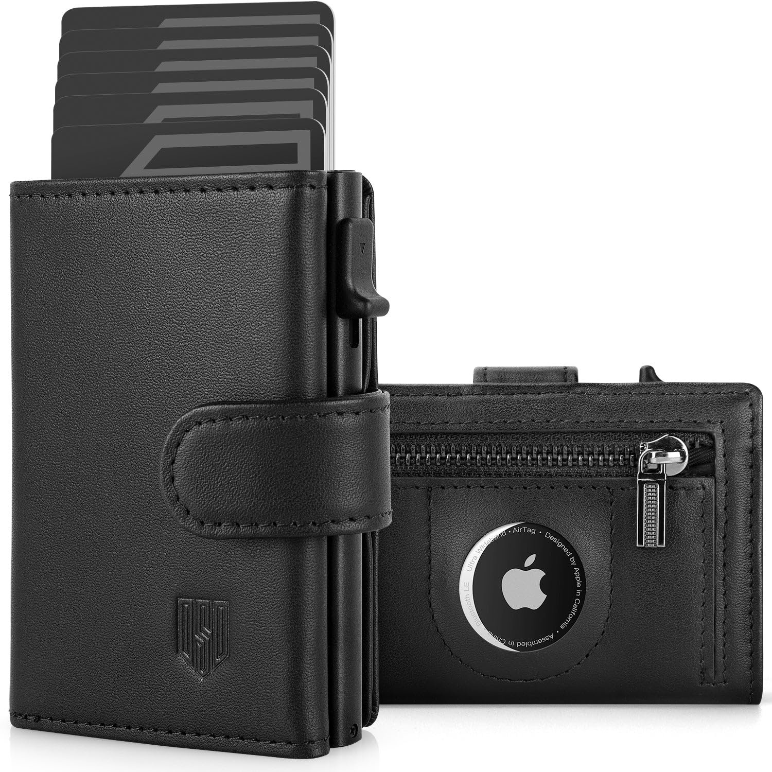 DODENSHA Portafoglio Uomo Airtag Pelle Piccolo | Porta Carte Credito Schermato | Slim RFID con Portamonete | Custodia in Metallo Pop-up per 8-10 Carte | Slot ID | Nero