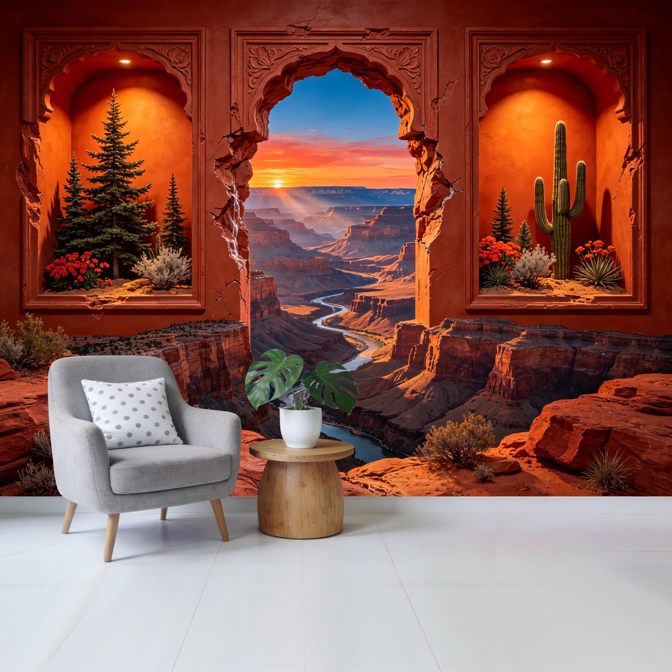 Removable Self Adhesive Fabric Mural， 3D Desert Canyon Landscape Custom Size Wall Covering， UV Protected Waterproof Washable Wall Decor for Living Room Bedroom Bathroom