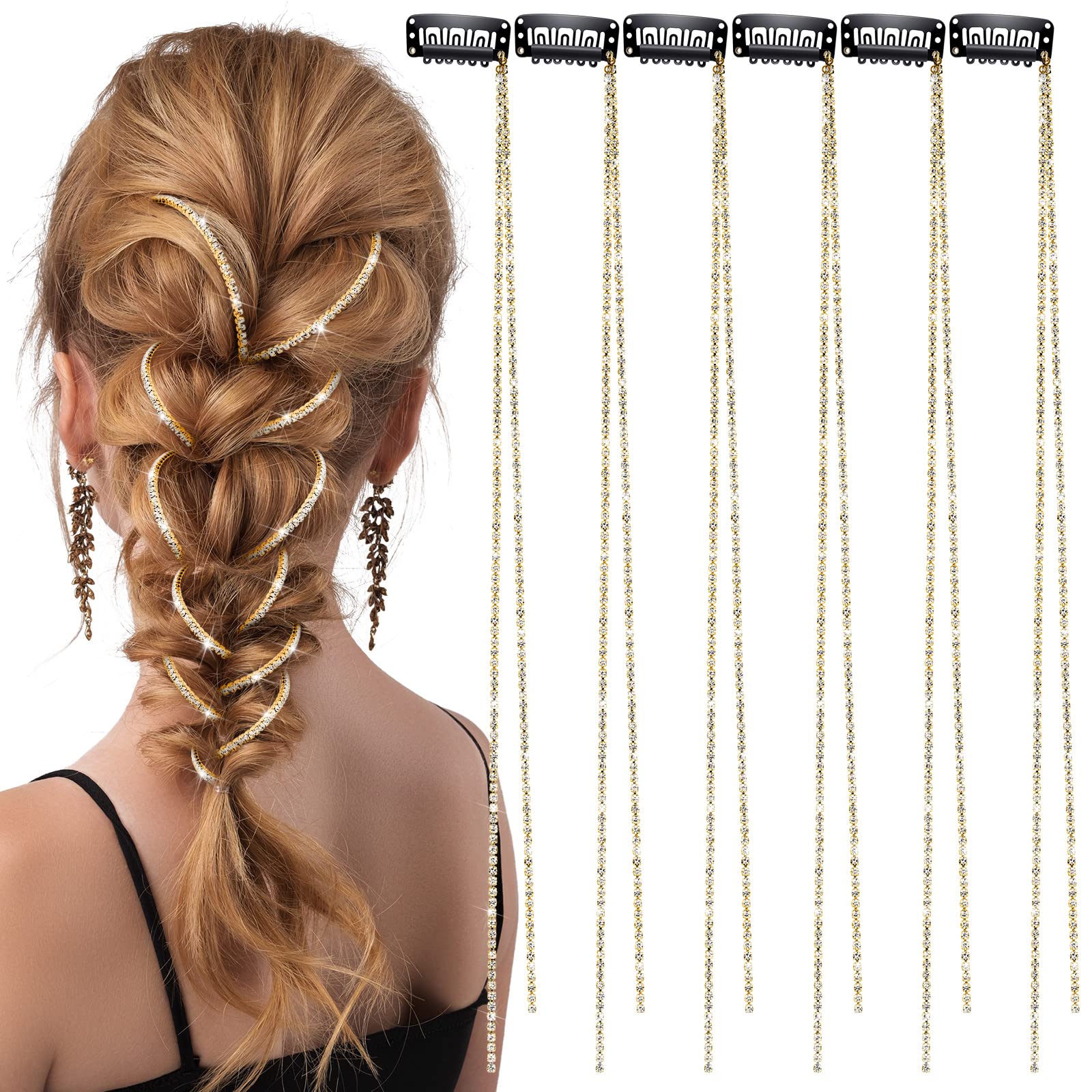 Chunyin 6 Pcs Rhinestone Hair Chains for Women Pearl Charm Rhinestone Hair Jewelry Accessories Crystal Extensions Clips Silver Gold Pins for Braids(