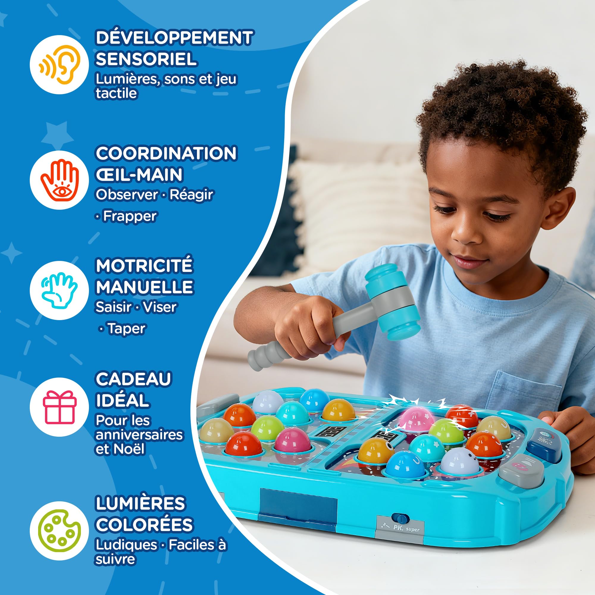 Whack-a-Mole Game for Kids, Jeu de Taupe à Taper avec 18 Cibles Lumineuses, 2 Maillets, 3 Modes de Jeu, 9 Niveaux, Lumières et Sons, Jouet Interactif pour Enfants dès 3 Ans