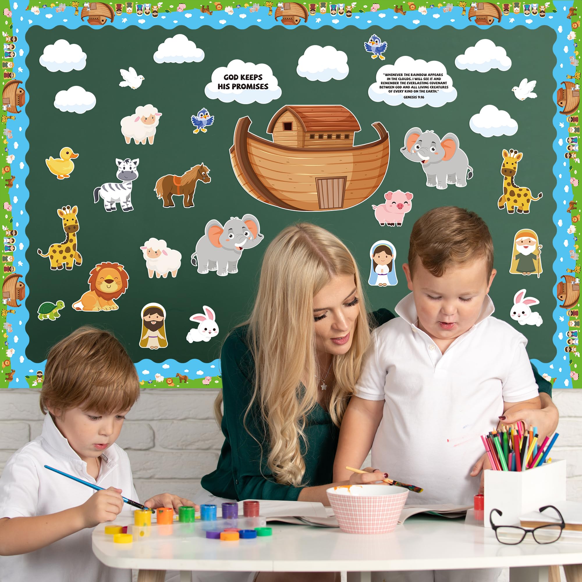 Amazon.co.jp: CPicdn ノアの箱舟掲示板 - 133ピース 新学期 宗教掲示板 教室装飾 キリスト教 聖書 物語 動物 切り抜き  名札 日曜学校 壁装飾 黒板用品 : Office Products