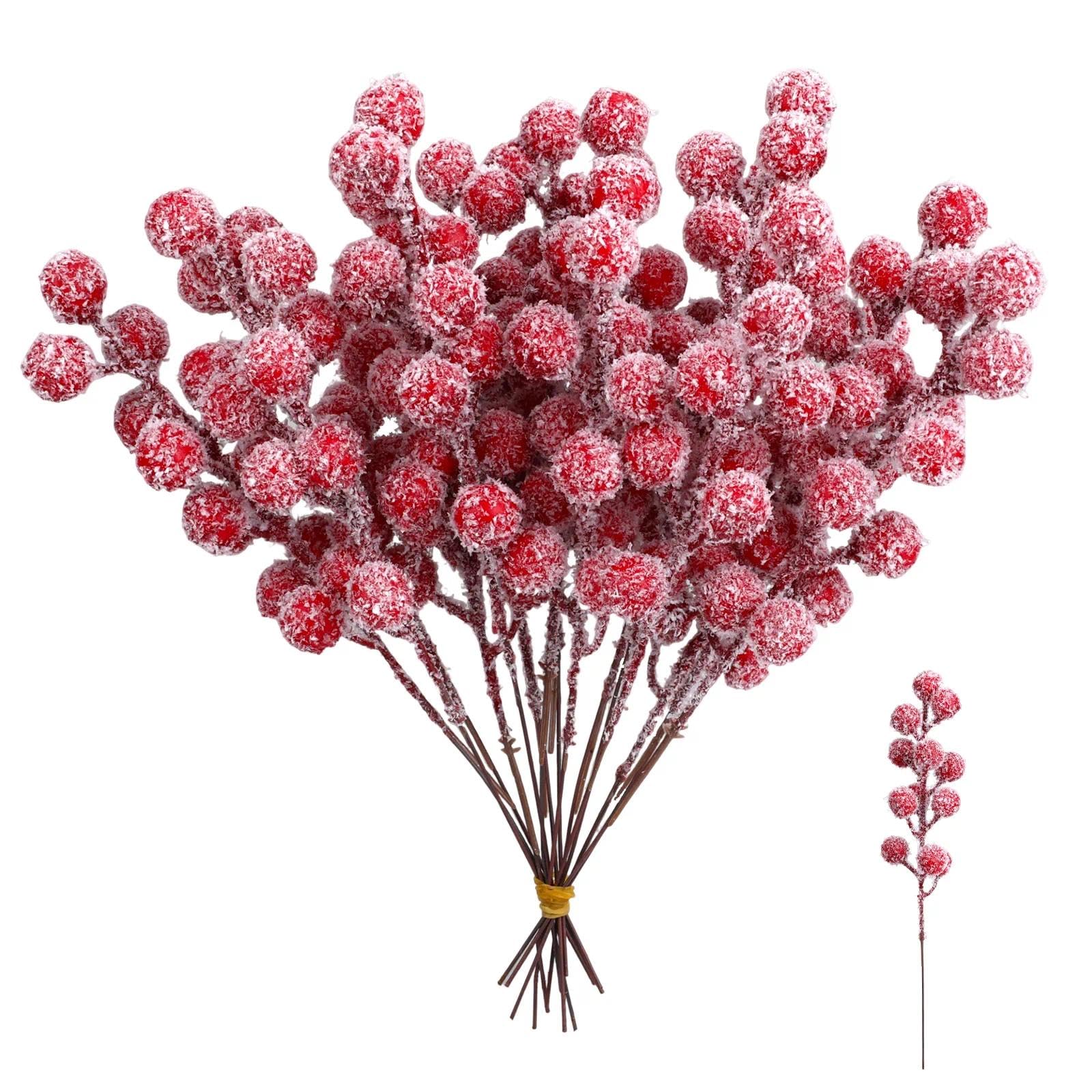 Produktbild von Rote Beeren Deko Weihnachten 400x Künstliche Holly-Beeren (mit Frost-Effekt) – Für Weihnachtsdeko | 1,2 Cm Durchmesser, Drahtstiele Deko Weihnachten Rot