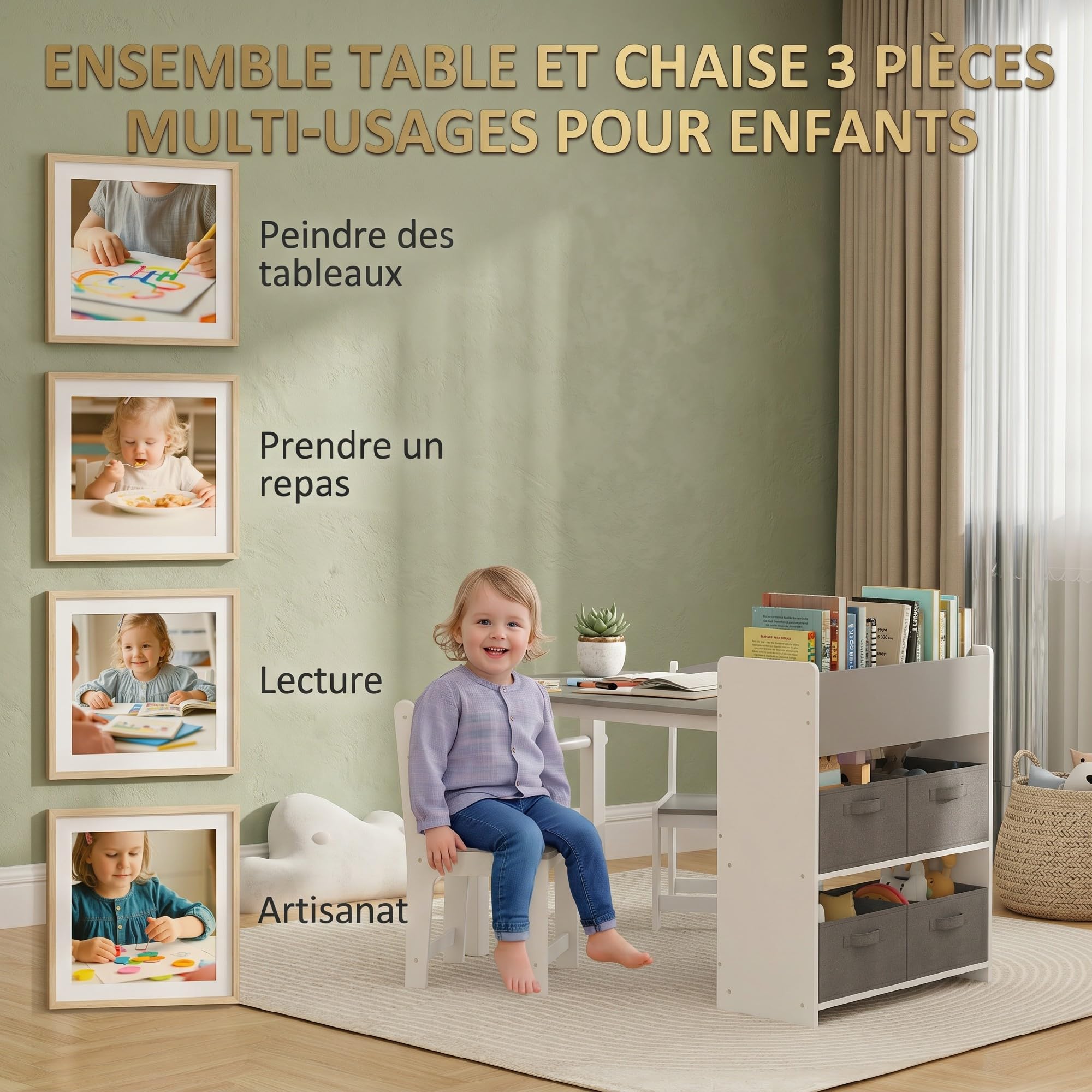 AIYAPLAY Ensemble de Table et 2 Chaises pour Enfants 3-8 Ans Gris