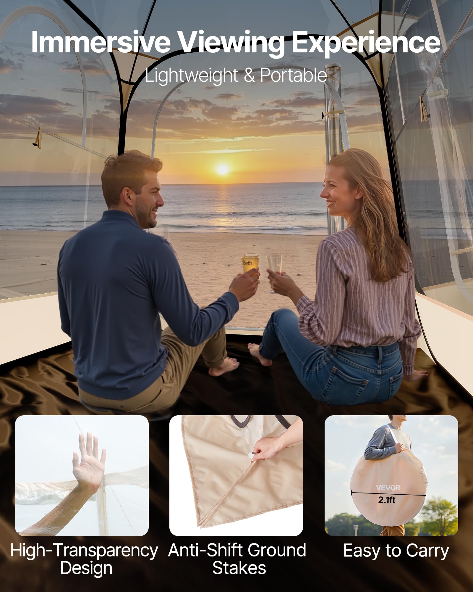 VEVOR Transparentes Zelt, 160x160x182 cm, Pop-up-Zelt für 2–4 Personen, Sportzelt mit Bodenmatte & oberer Abdeckung, Outdoor-Bubble-Zelt, Campingunterstand für Veranstaltungen, Angeln, Jubeln