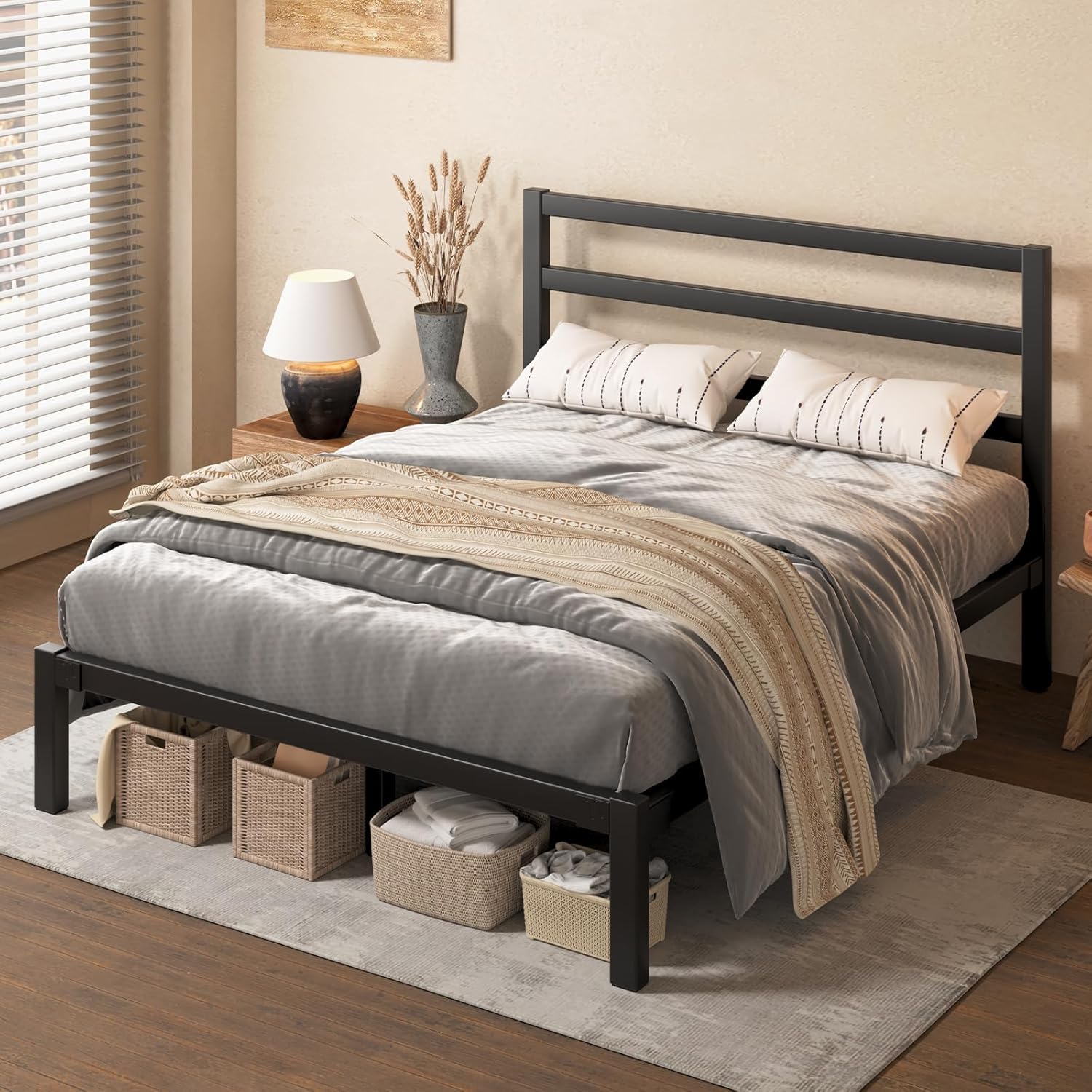 Queen Size Bed Frame, Metal Platform Bed Frame with Headboard and Footboard, Underbed Storage Space, No Box Spring Needed, Easy Assembly,Black - Image 7