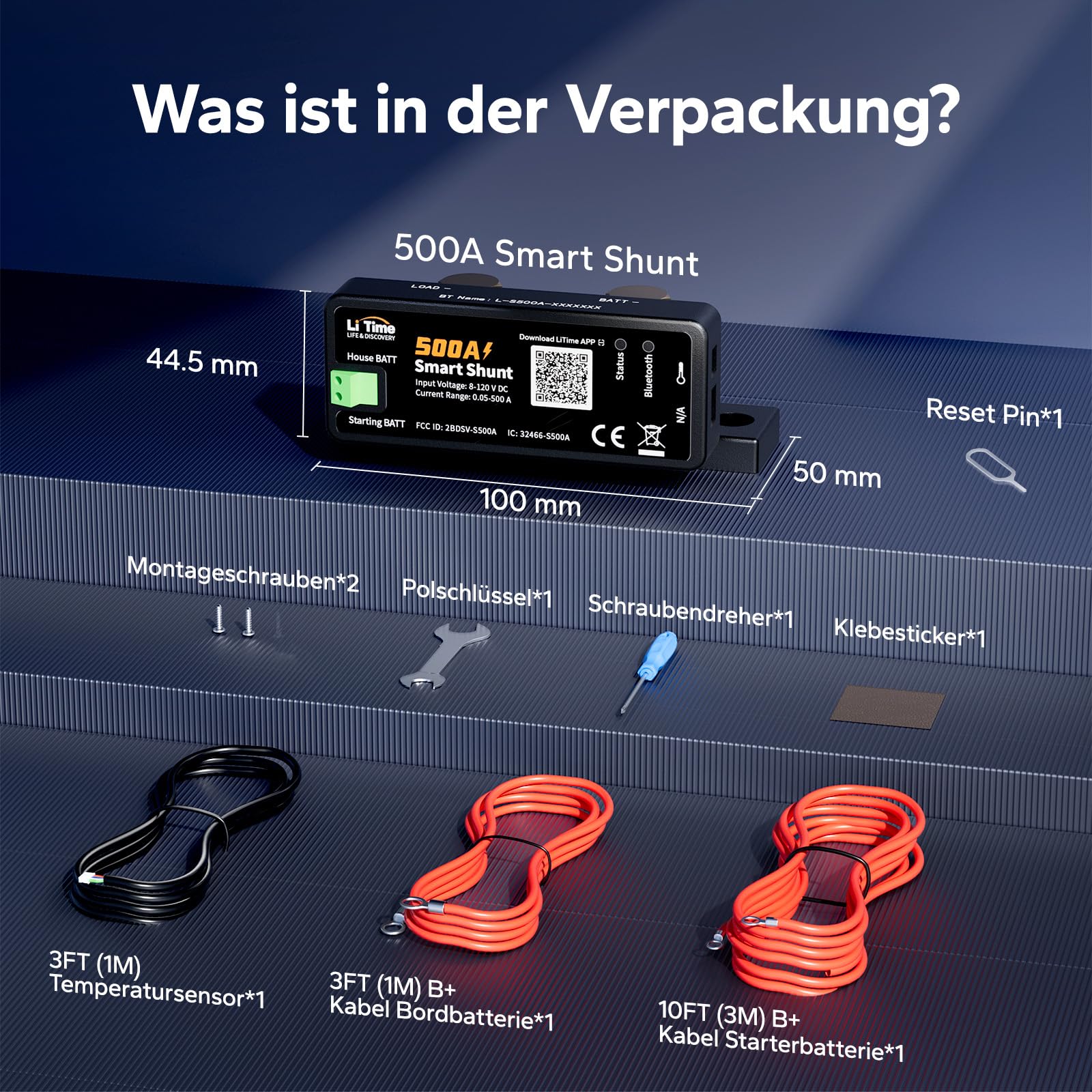 LiTime Smart Shunt 500A, Bluetooth Batteriemonitor 8V–120V mit SOC, Alarmen und Historischen Daten für Lithium-, LiFePO4-, AGM- und GEL-Batterien, für Wohnmobil, Boot und Heimspeicher