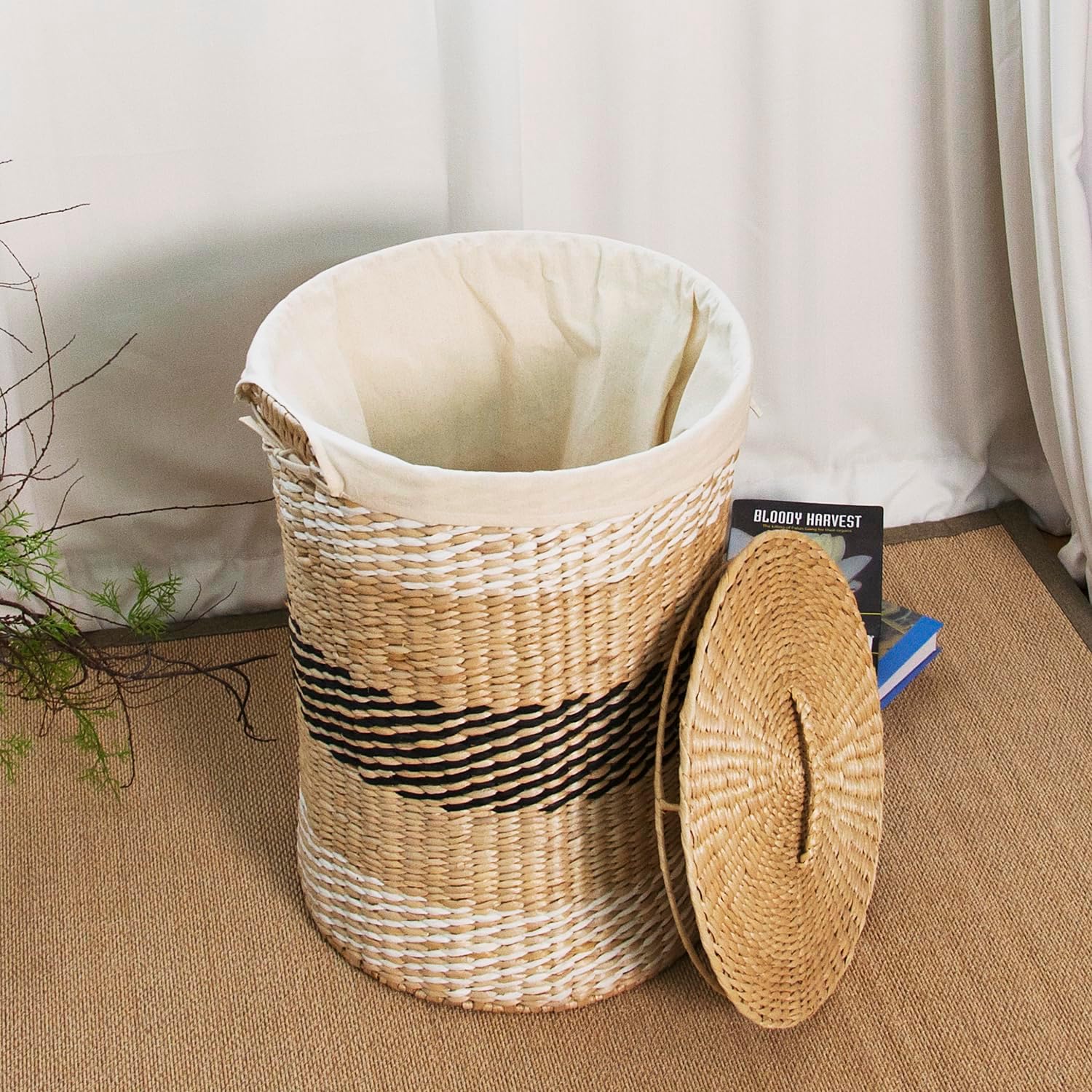 Hand Wicker Laundry Basket with Lid,Hand Woven Laundry Hamper with Removable Liner,21 inch High,Multicolor
