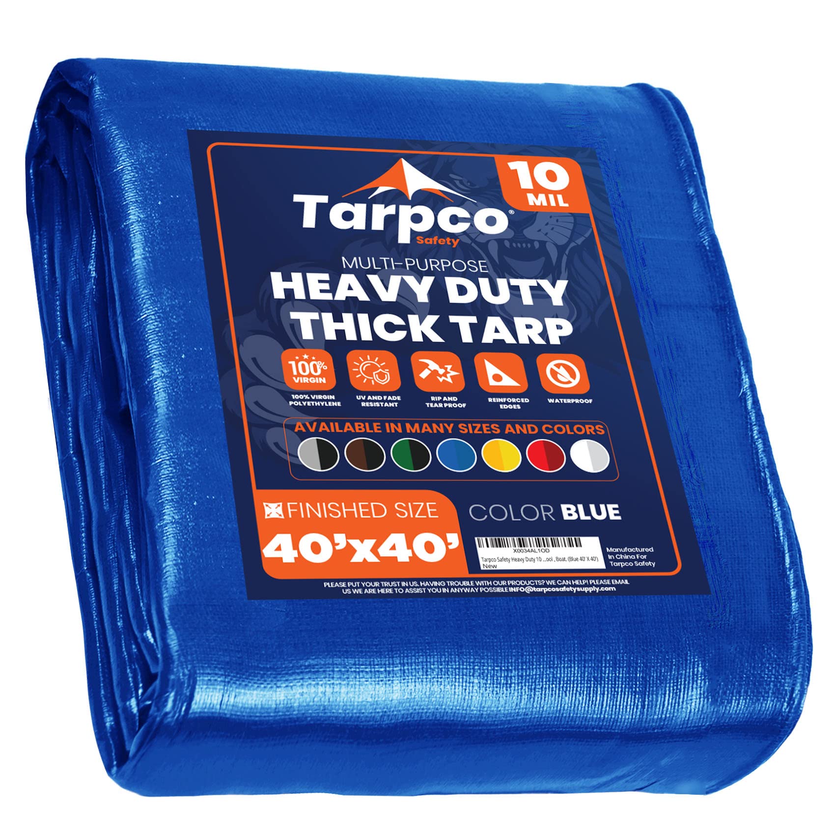 Heavy Duty 10 Mil Tarp Cover, Waterproof, UV Resistant, Rip and Tear Proof, Poly Tarpaulin with Reinforced Edges for Camping, Roof, Patio, Pool, Boat. (Blue 40′ X 40′)