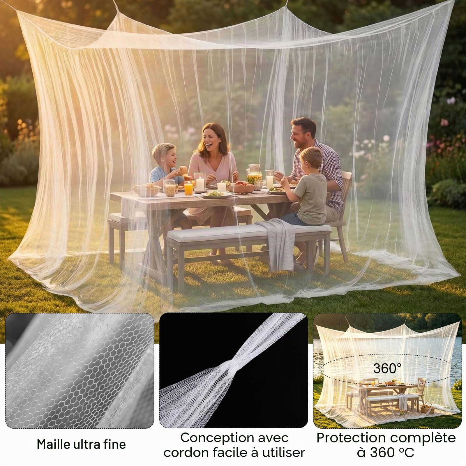 Moustiquaire d'extérieur - 300 x 300 x 250 cm - Protection contre les insectes - Pour tonnelle et camping - Blanc