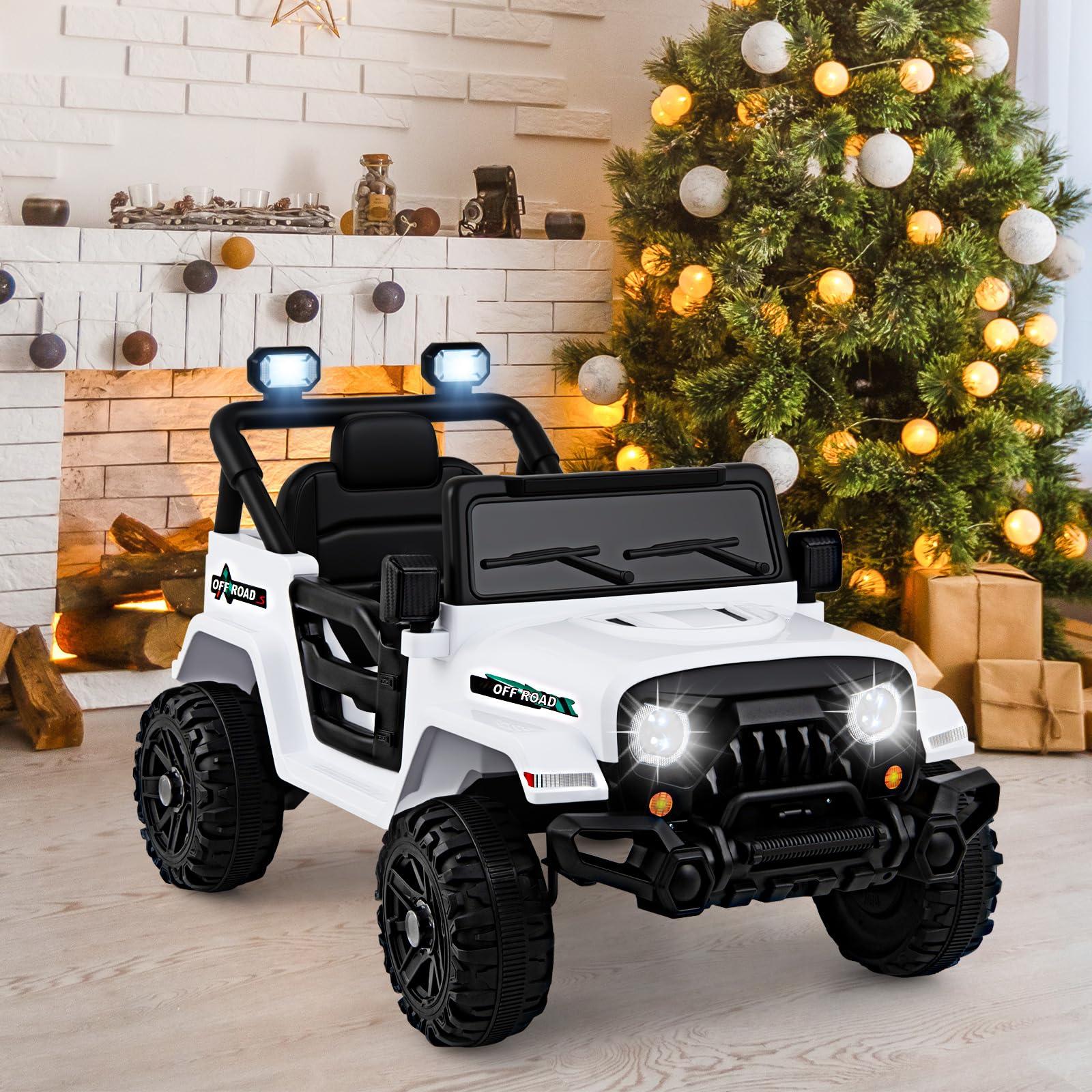 COSTWAY Coche Eléctrico para Niños 12V, Vehículo Todoterreno de Batería con Control Remoto, 3 Velocidades, Luces LED, Música, Bocina y Conexión Inalámbrica, para Niños de 3+ Años (Blanco)